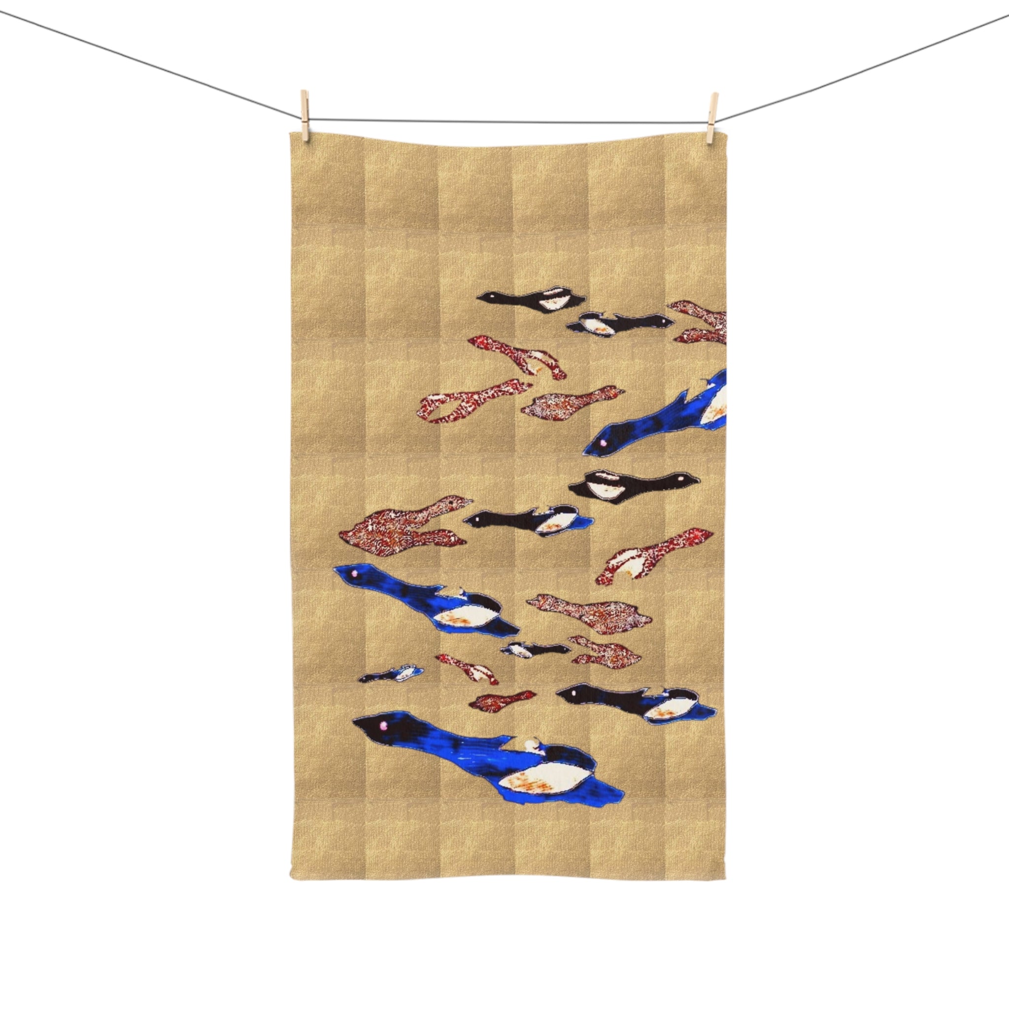 "Fly Me to the Moon" Flock Hand Towel — Blue, Gold, and Brown Waterfowl Kitchen Towel