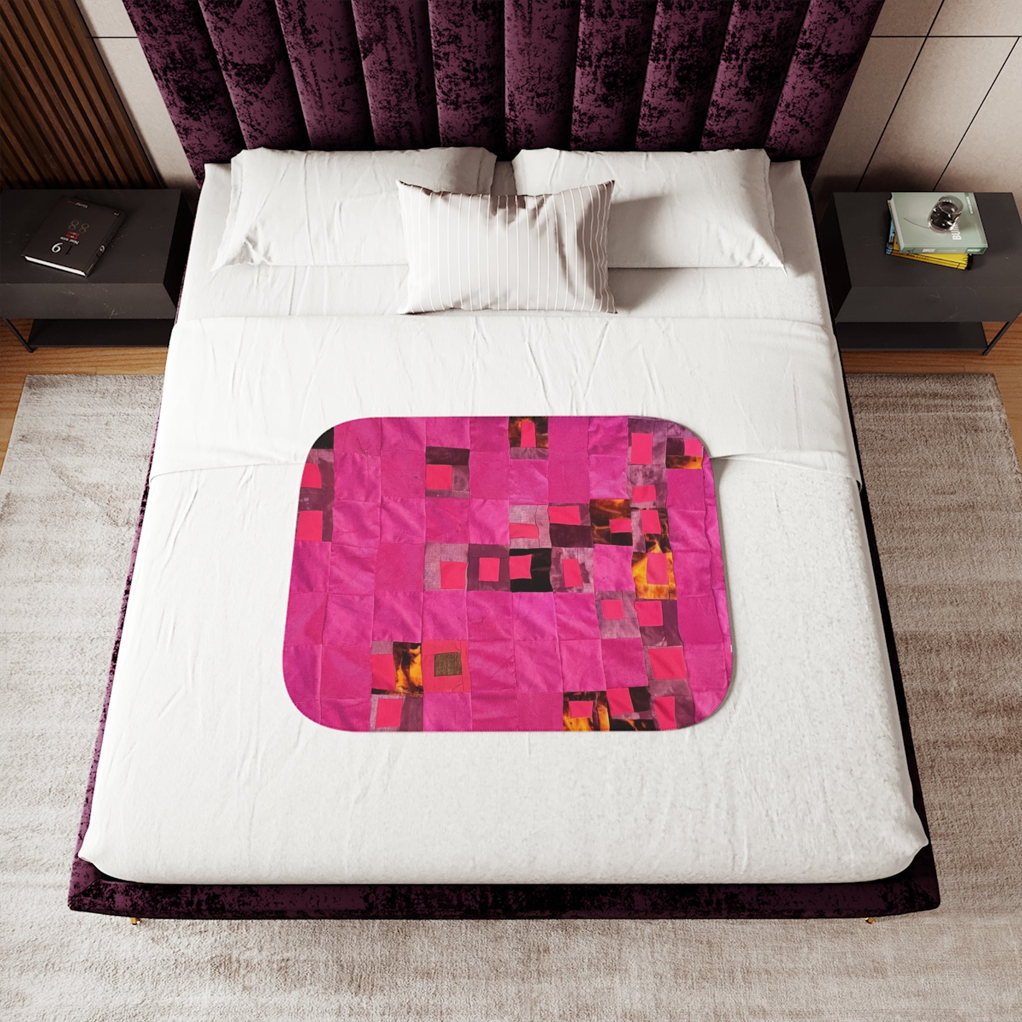 "Lela" Pink Geometric Sherpa Blanket — Cozy Fleece Throw with Abstract Patchwork