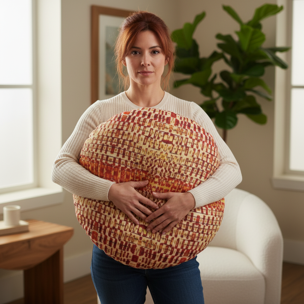 "Queen Mother" Boho Woven Round Tufted Floor Pillow — Rustic Orange Red Accent