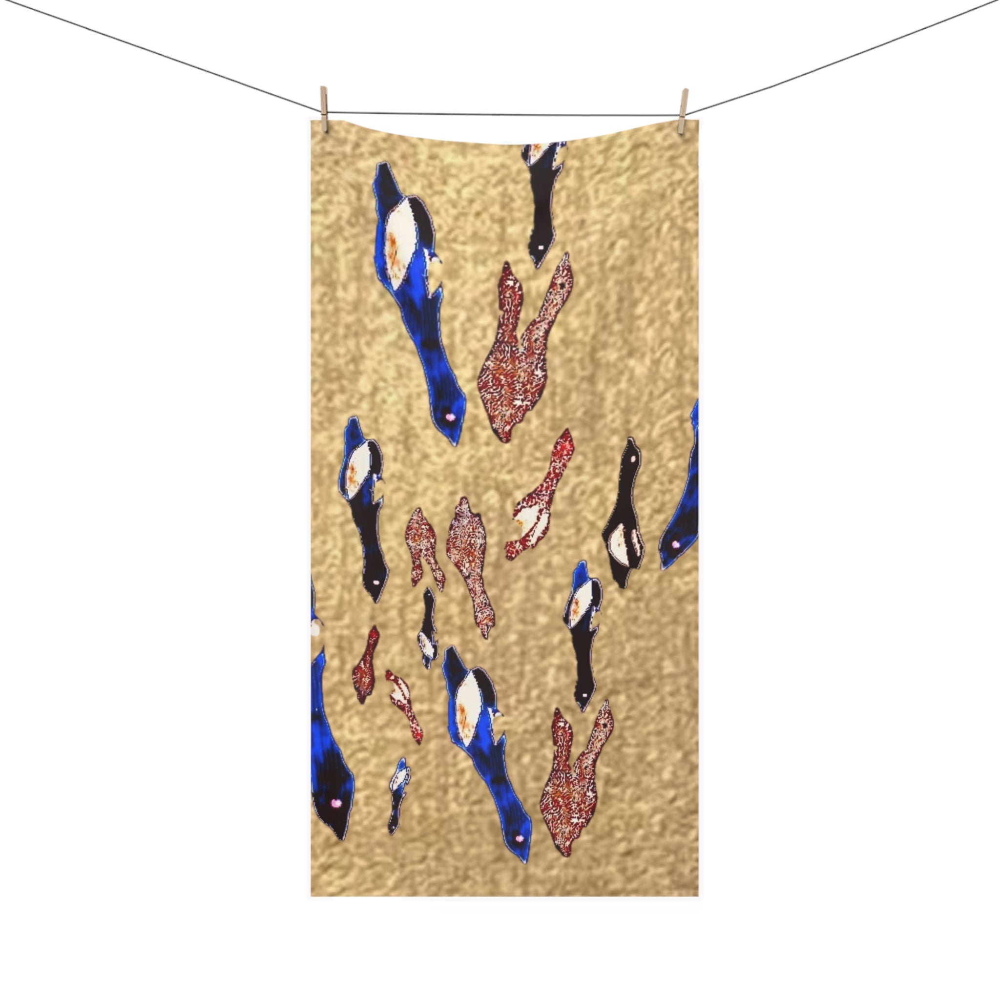 "Fly Me to the Moon" Plush Beach Towel — Abstract Tapestry Bird Print on Gold