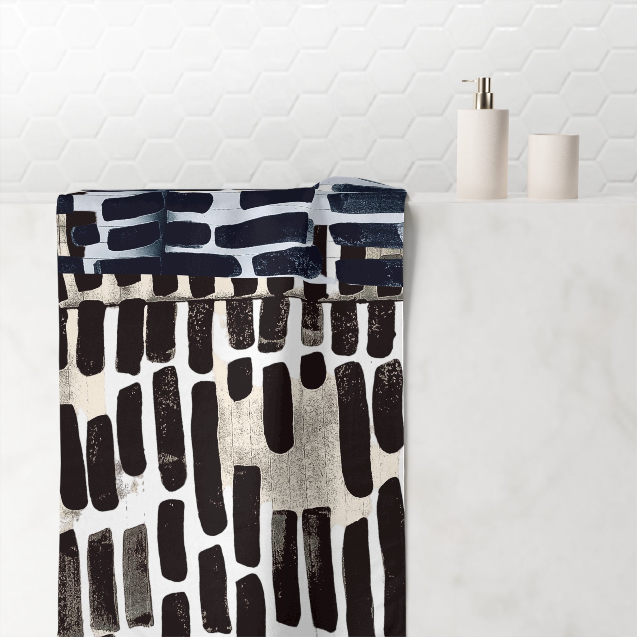 "Only My Notebook Knows How I Feel, My Heart Is On Every Page" Abstract Brushstroke Cotton Towel — Modern Navy & Black Bath or Beach Towel