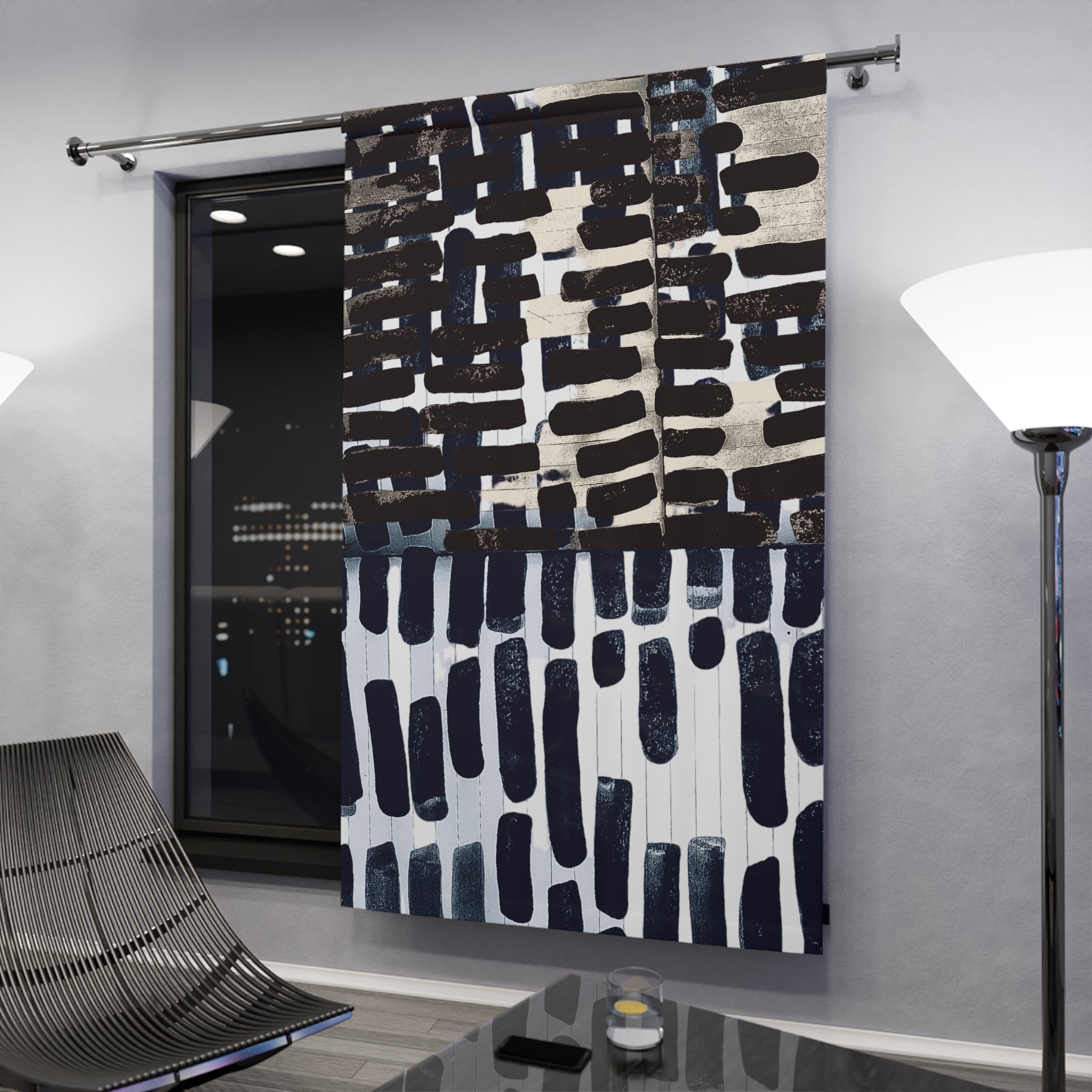 "Only My Notebook Knows How I Feel, My Heart Is On Every Page" Abstract Ink Brushstroke Curtain Panel — Modern Black & White Window Drape