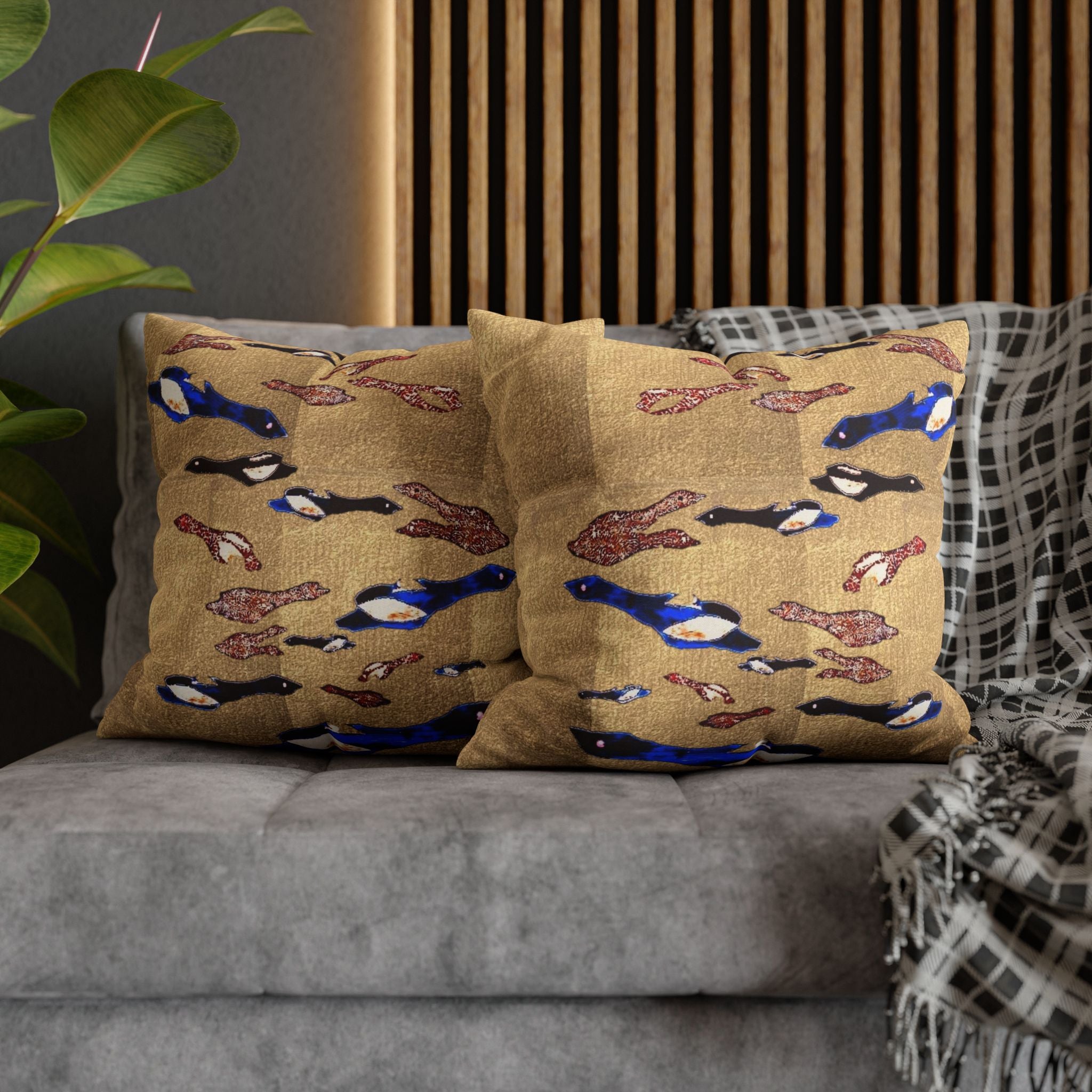 "Fly Me to the Moon" Birdie Blue and Gold Pattern Decorative Pillowcase — Spun Polyester Square Cushion Cover