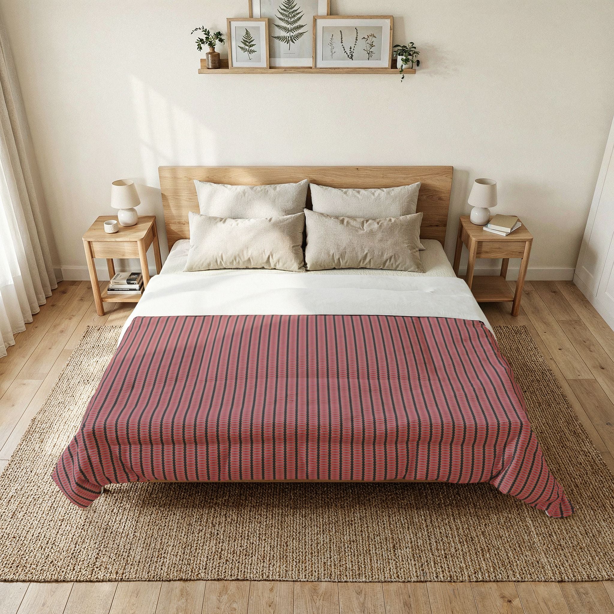 "The Nike of Samothrace" Striped Cotton Comforter — Rose & Charcoal Minimalist Bedding