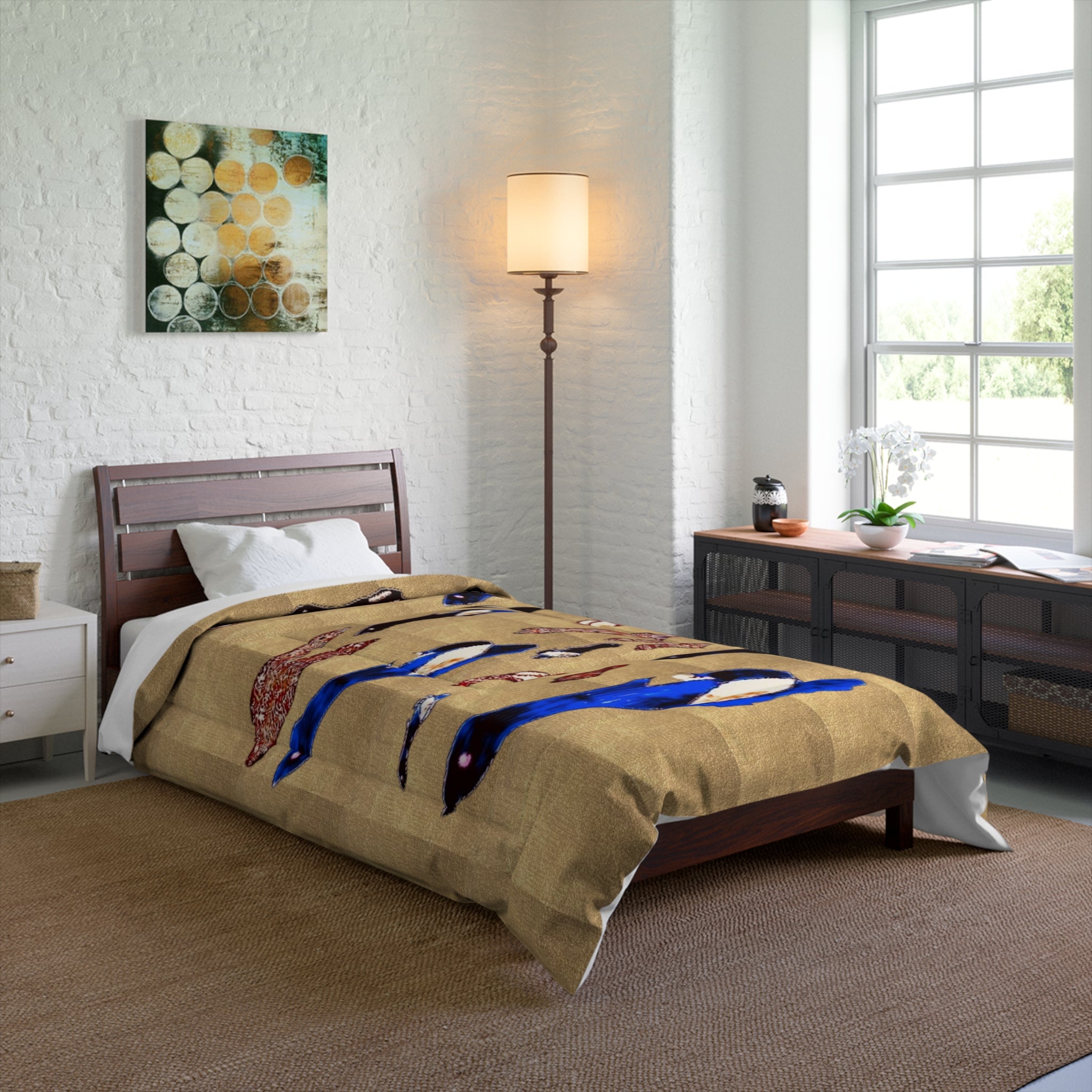 "Fly Me to the Moon" Bird Comforter – Beige Asian-Inspired Bedspread with Blue & Red Carp Pattern