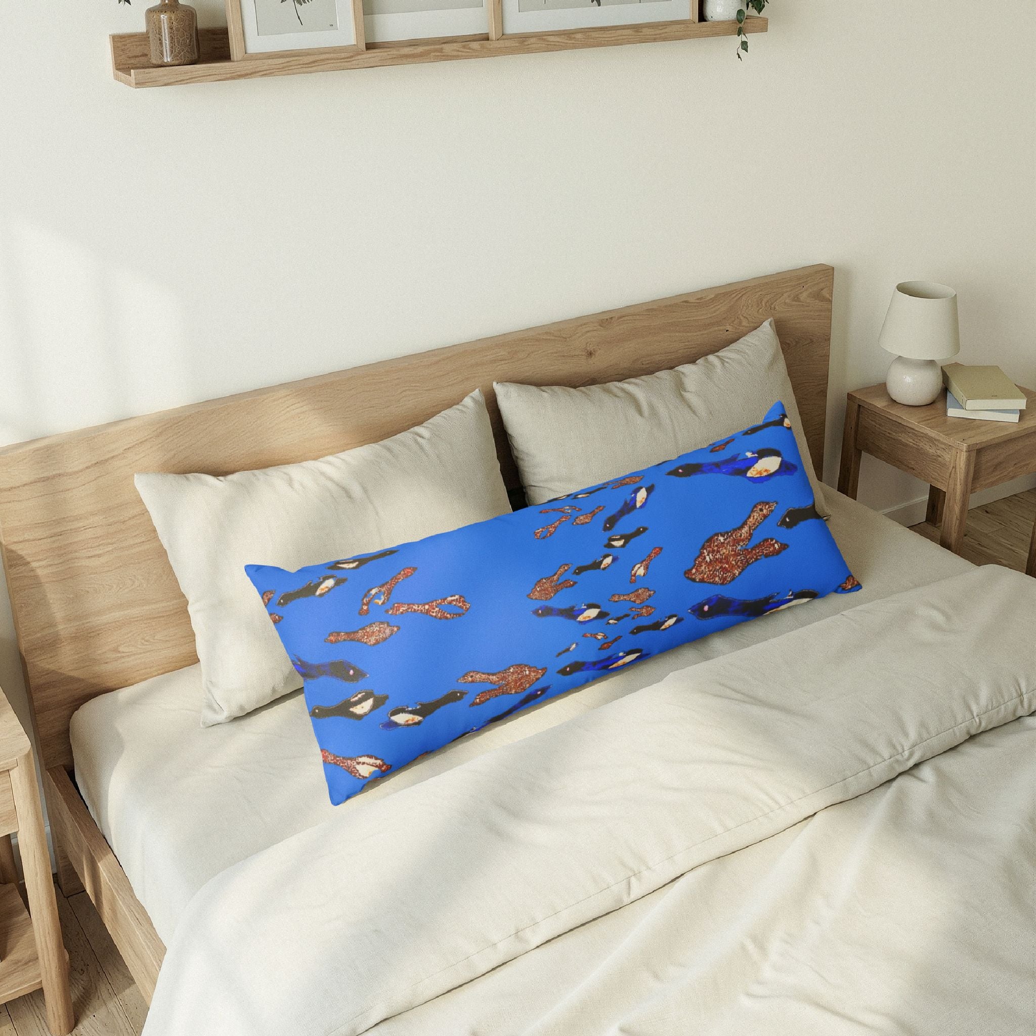 "Fly Me to the Moon" Blue and Brown Birdies Body Pillow — Serene Aquatic Decorative Pillow for Relaxation