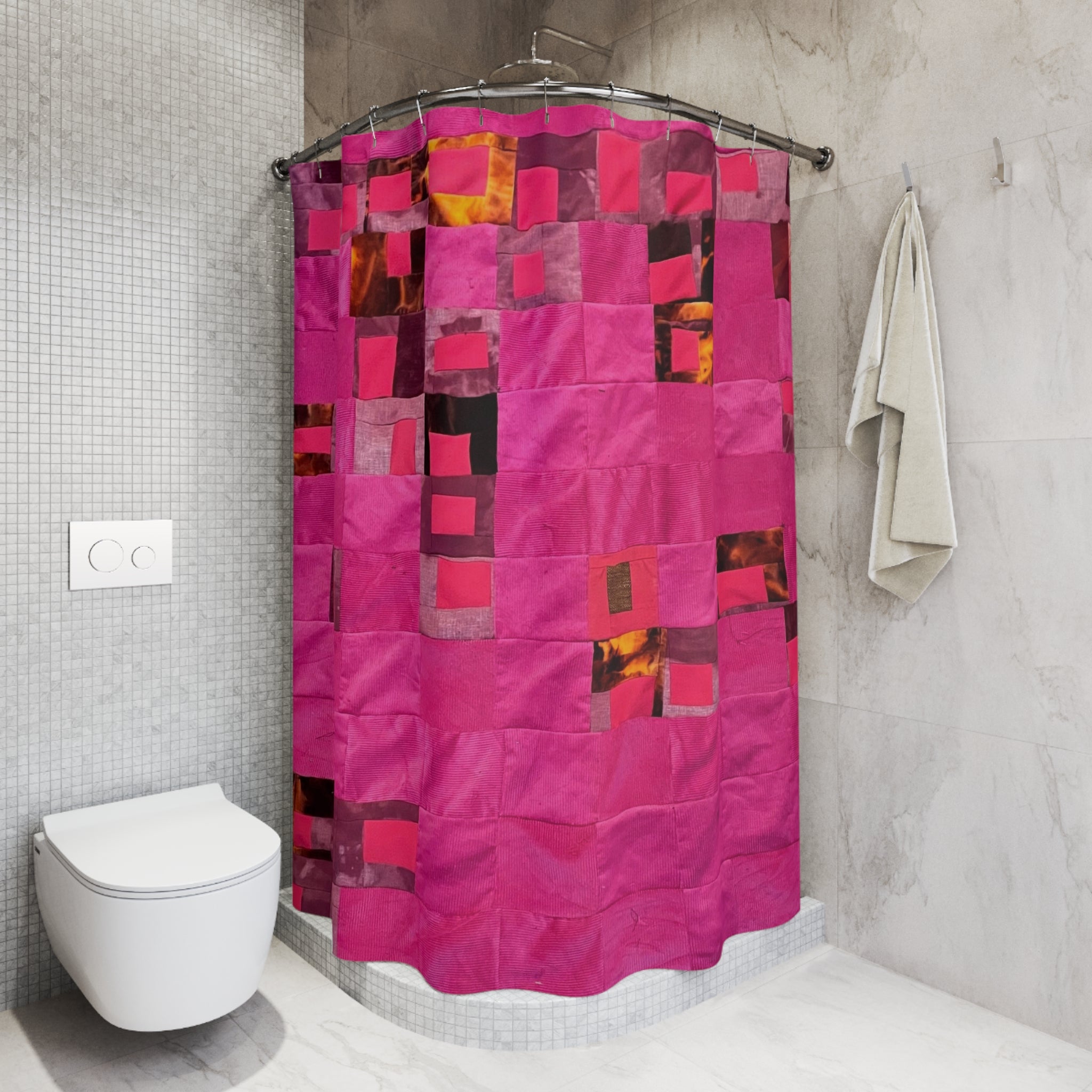 "Lela" Modern Pink Mosaic Shower Curtain — Abstract Geometric Bathroom Decor