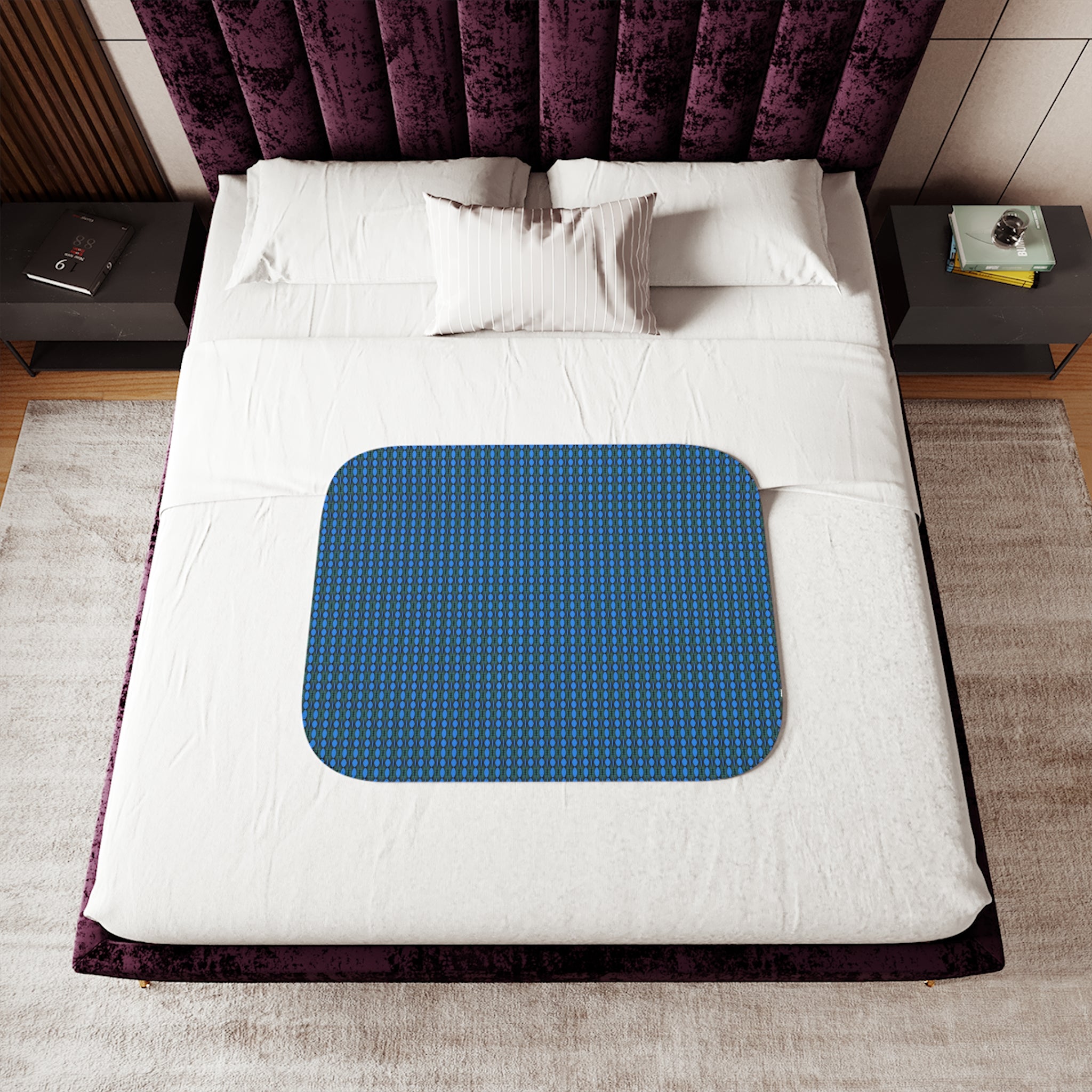 "Where Are We Going?" Cozy Reversible Sherpa Blanket — Blue Grid Print with Cream Plush Back