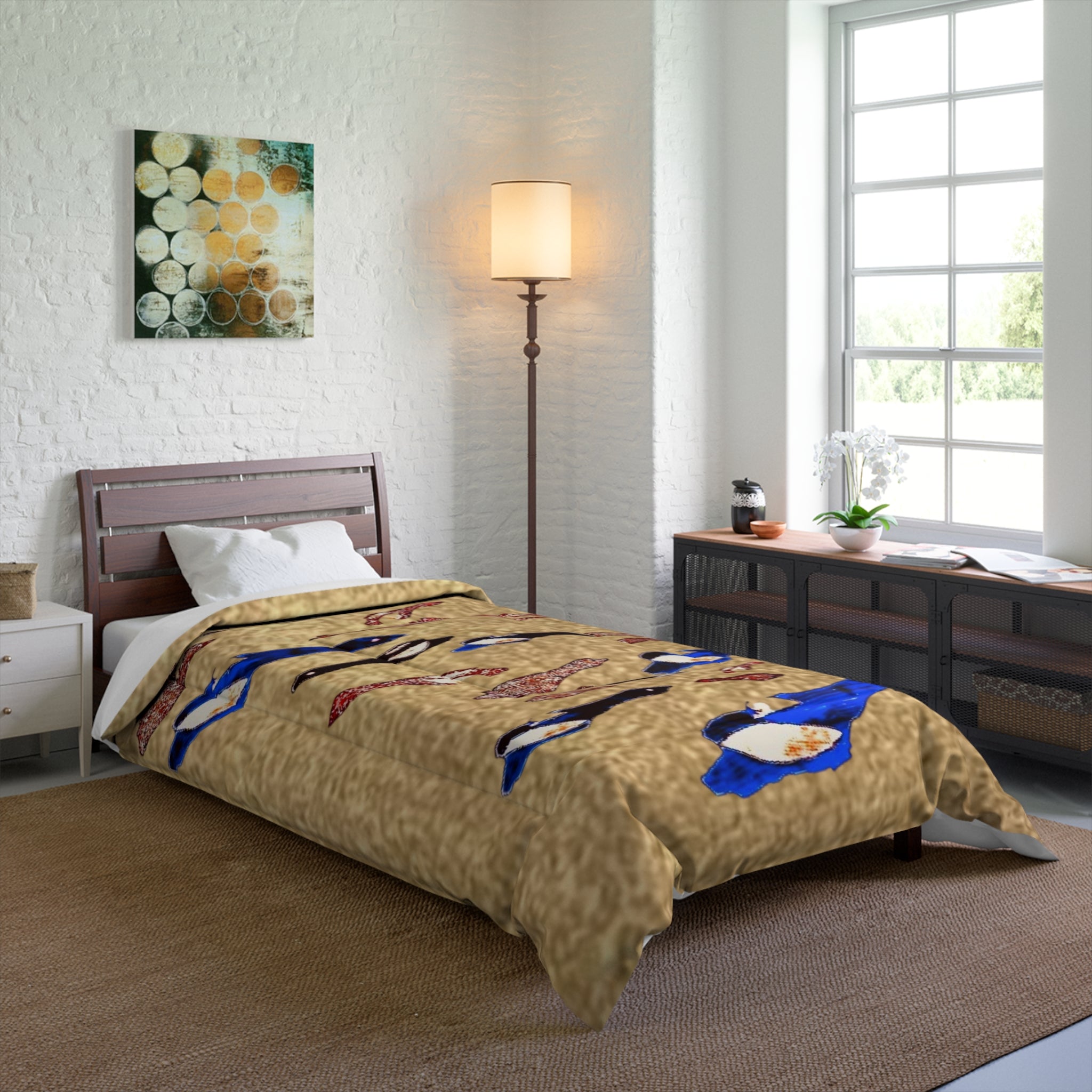 "Fly Me to the Moon" Bird Comforter – Beige Asian-Inspired Bedspread with Blue & Red Carp Pattern