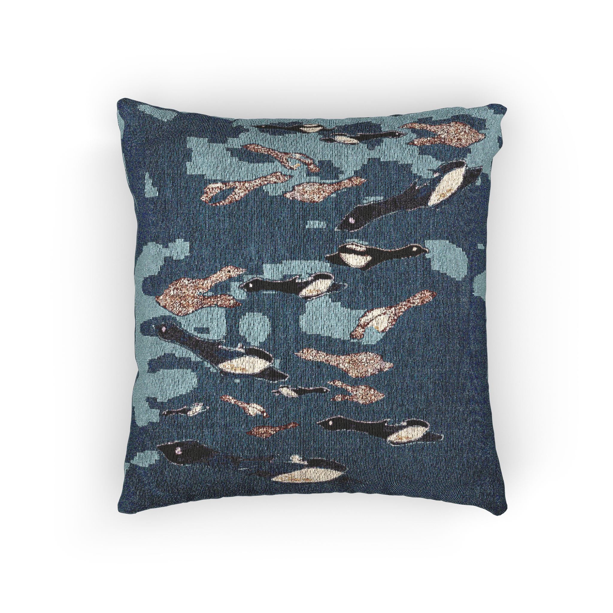 "Fly Me to the Moon" Woven Pillow — Abstract Bird Textile Decorative Pillow (Blue Textured Tapestry)