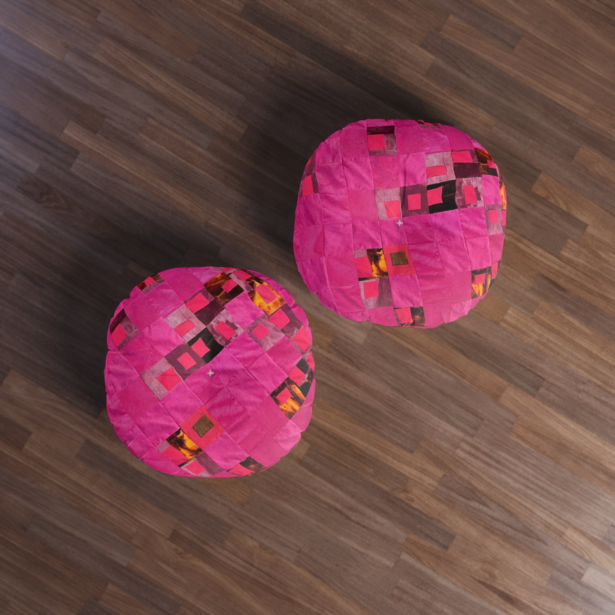 "Lela" Pink Geometric Tufted Floor Pillow — Round Patchwork Accent Cushion