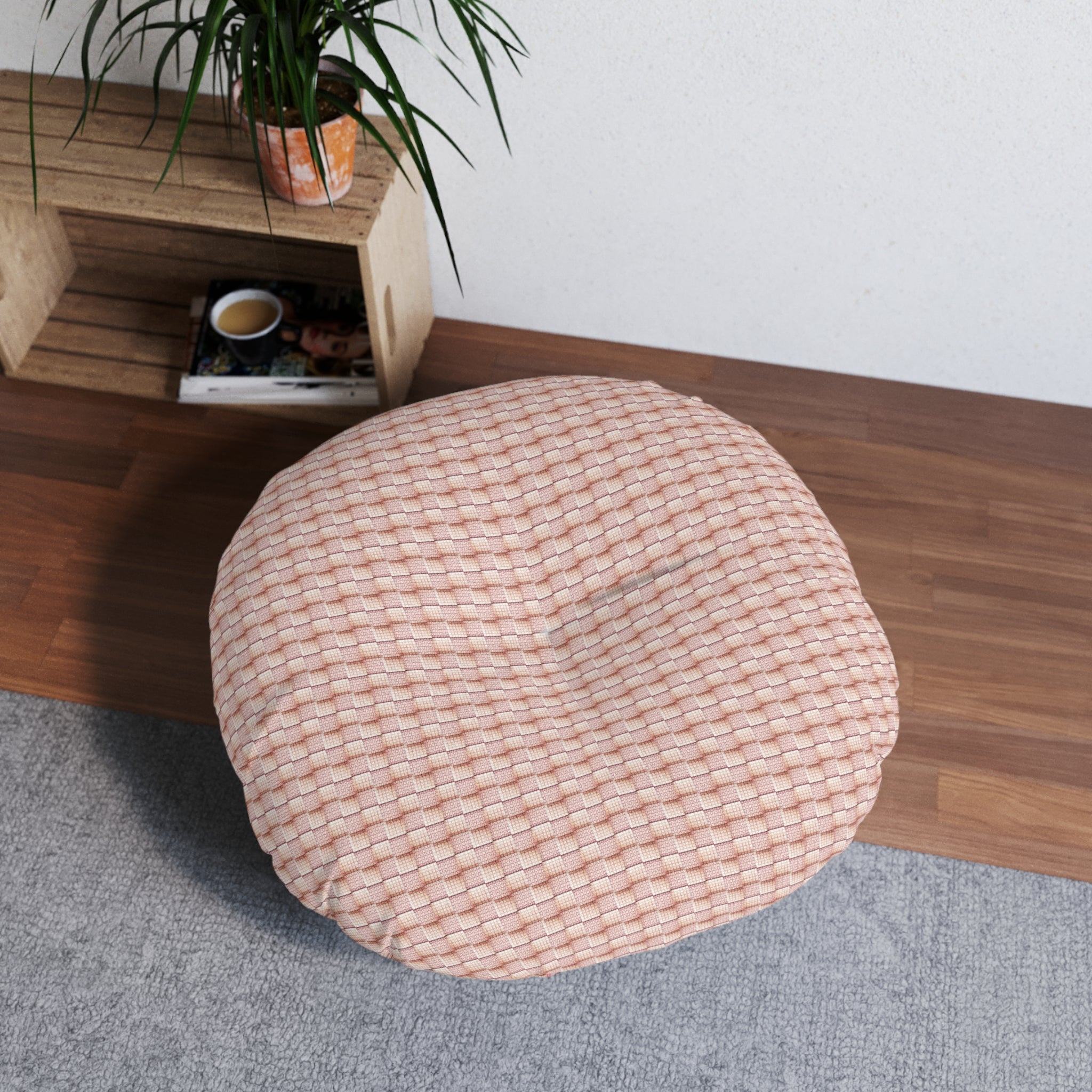 "Grandma Rose" Round Tufted Floor Pillow — Pink Blush Knit Texture Checkered Textile Accent Cushion