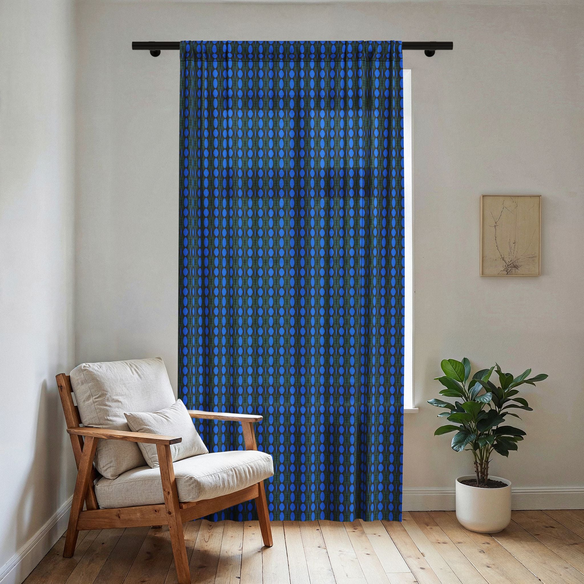 "Where Are We Going?" Blue Geometric Sheer Curtain — Modern Teardrop Pattern Window Panel