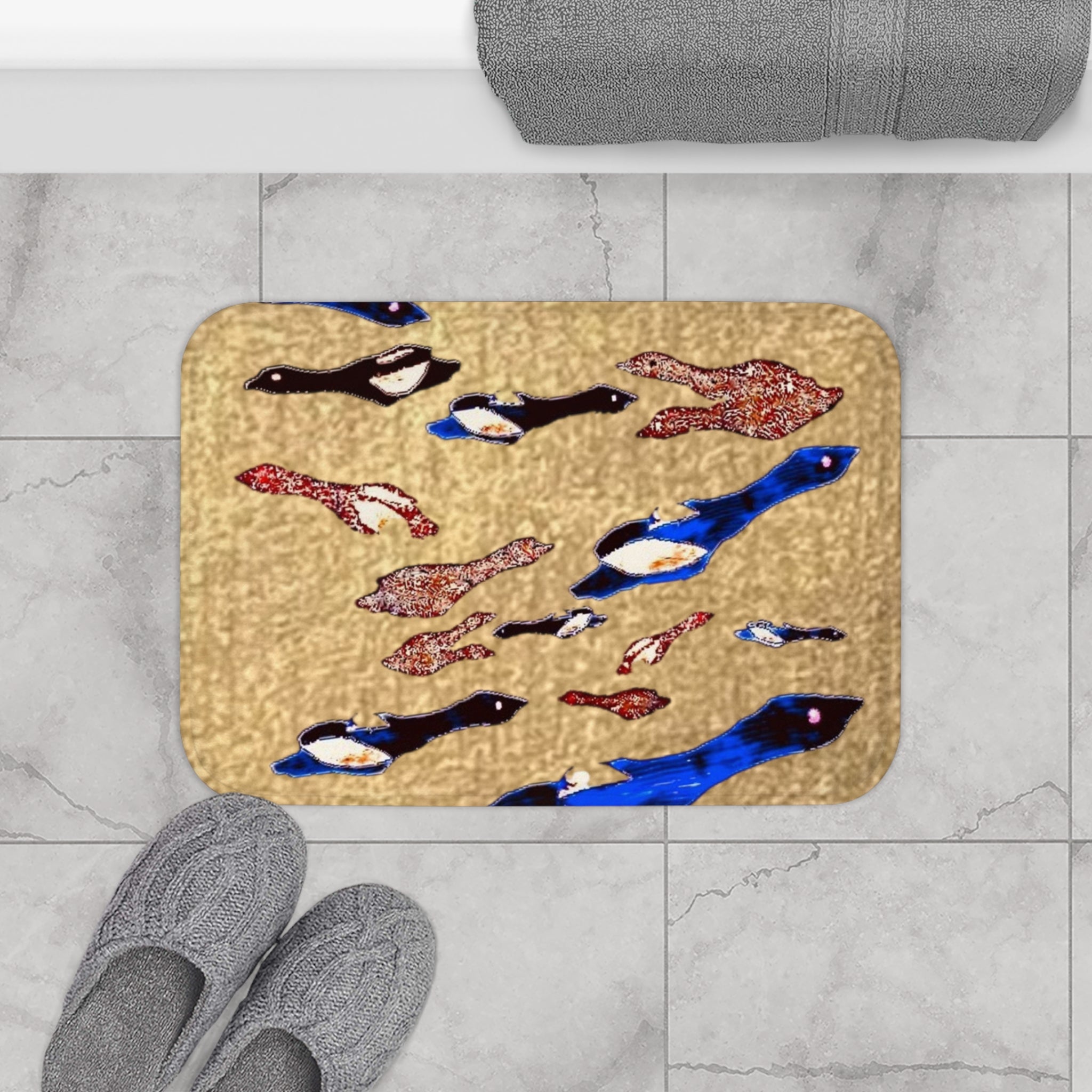 "Fly Me to the Moon" Gold Sky Blue Flock Bath Mat — Playful Coastal Bathroom Accent