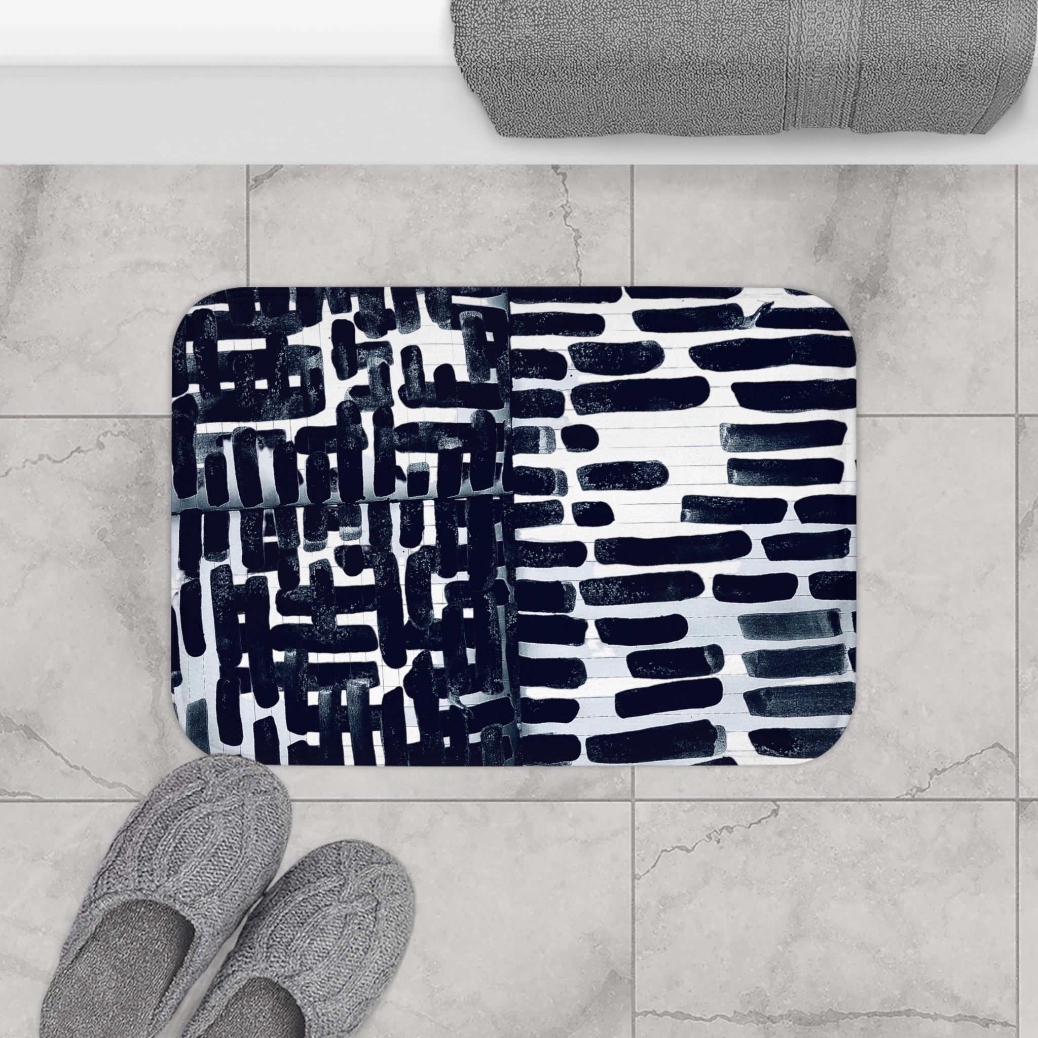 "Only My Notebook Knows How I Feel, My Heart Is On Every Page" Abstract Black Brushstroke Bath Mat – Modern Geometric Bathroom Rug