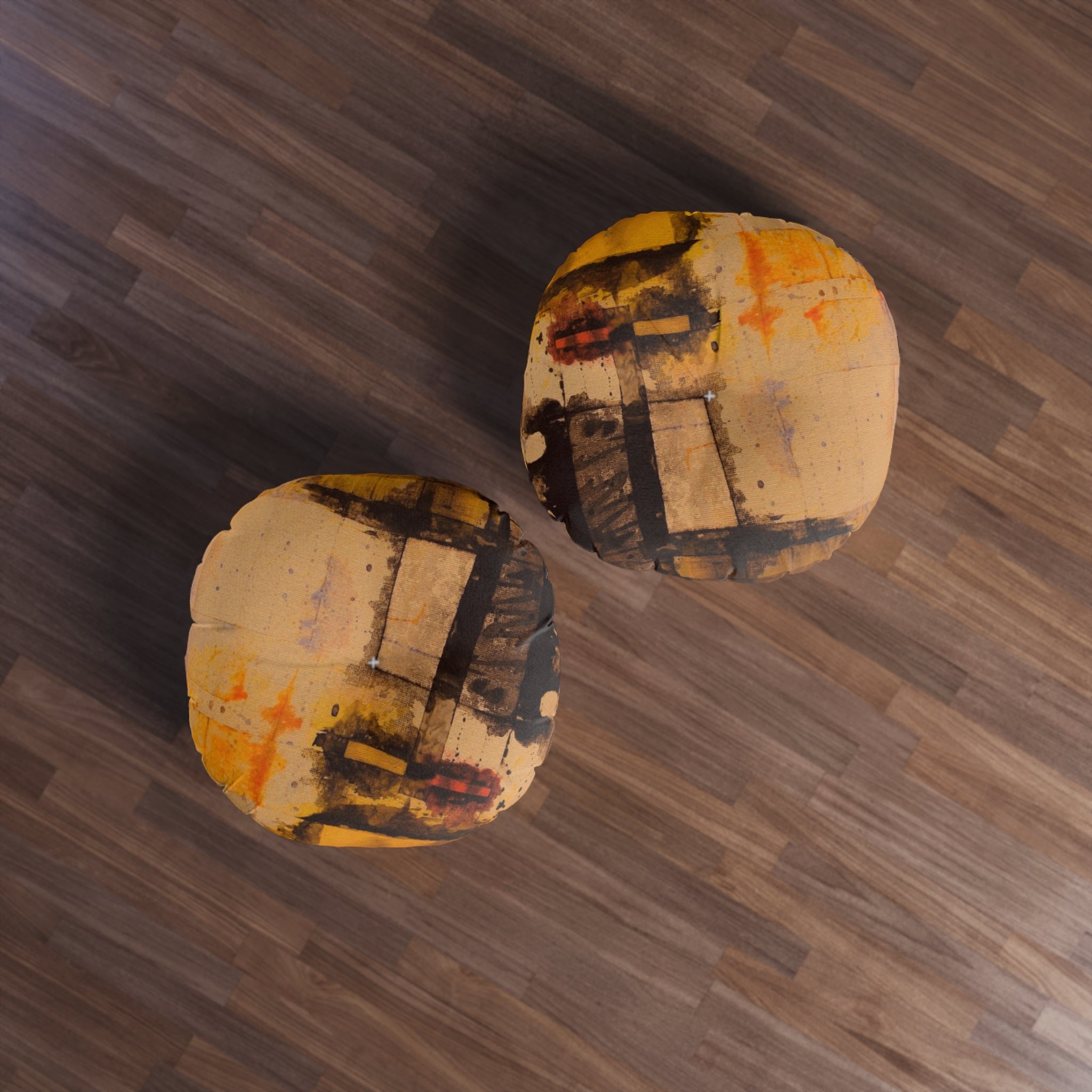 "Dance in the Rain" Abstract Ochre Tufted Floor Pillow — Round Boho Accent Cushion
