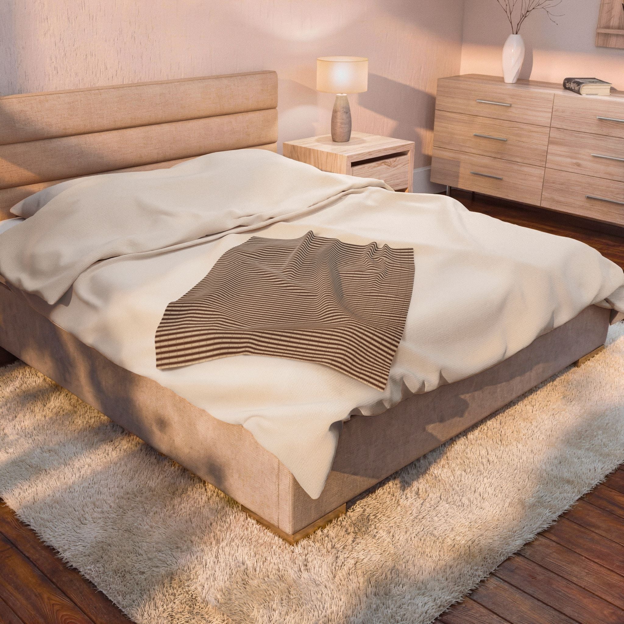 "Mississippi Morning" Brown and Beige Plush Velveteen Throw Blanket — Cozy Striped Neutral Home Blanket