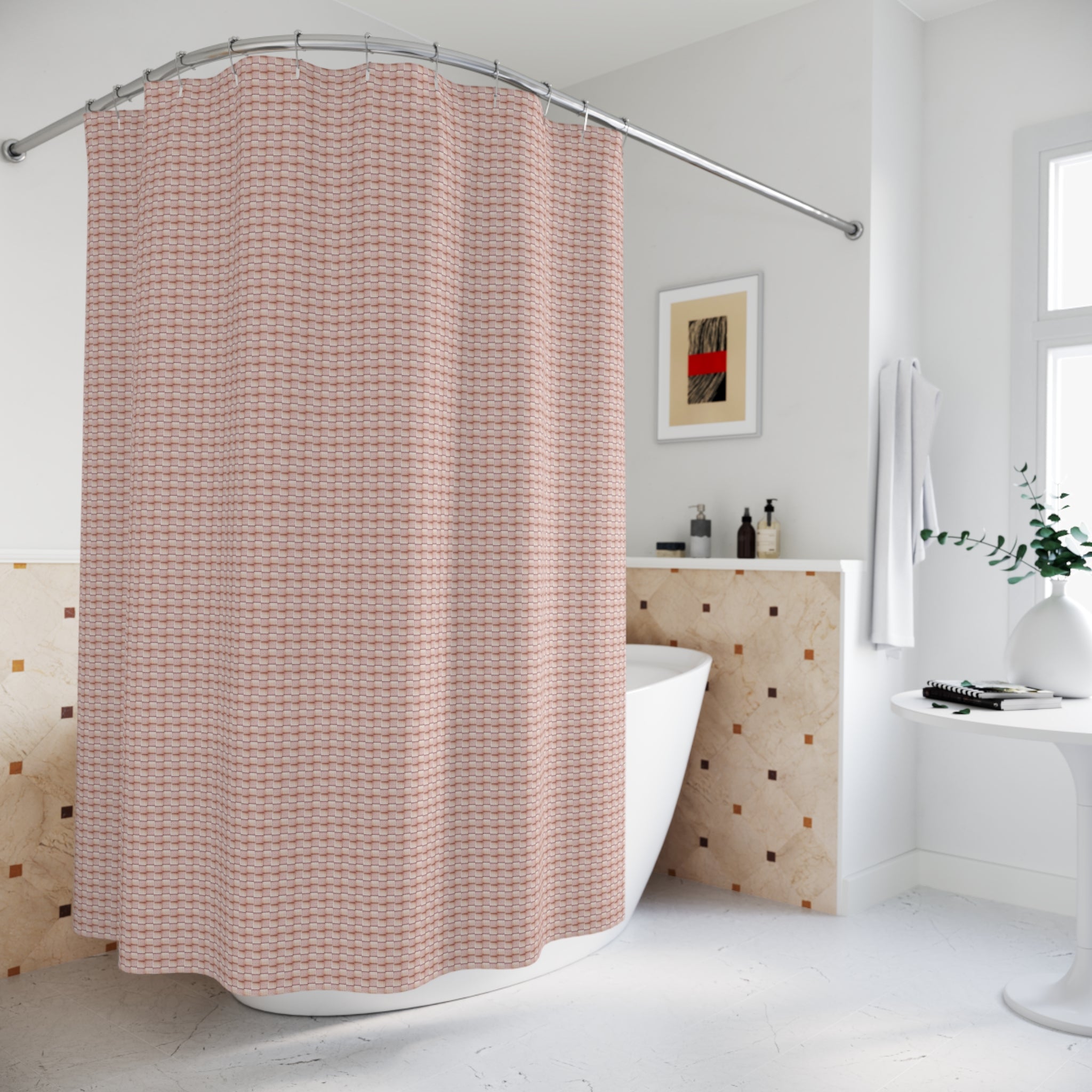 "Grandma Rose" Blush Woven Texture Shower Curtain — Soft Pink Bathroom Decor