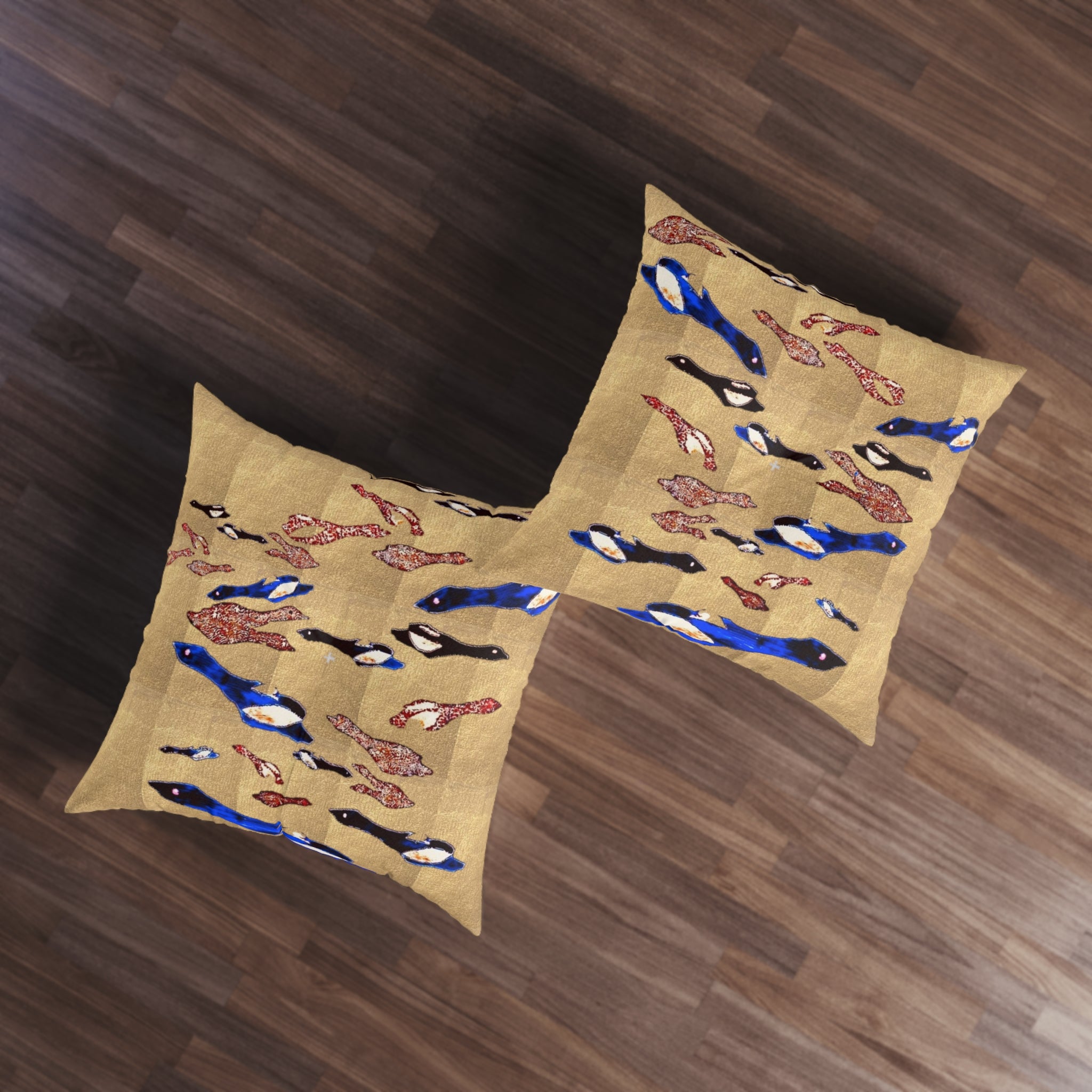 "Fly Me to the Moon" Bronze and Gold, Floor Pillow — Blue & Black Flying Birdies Pattern Tufted Square Cushion
