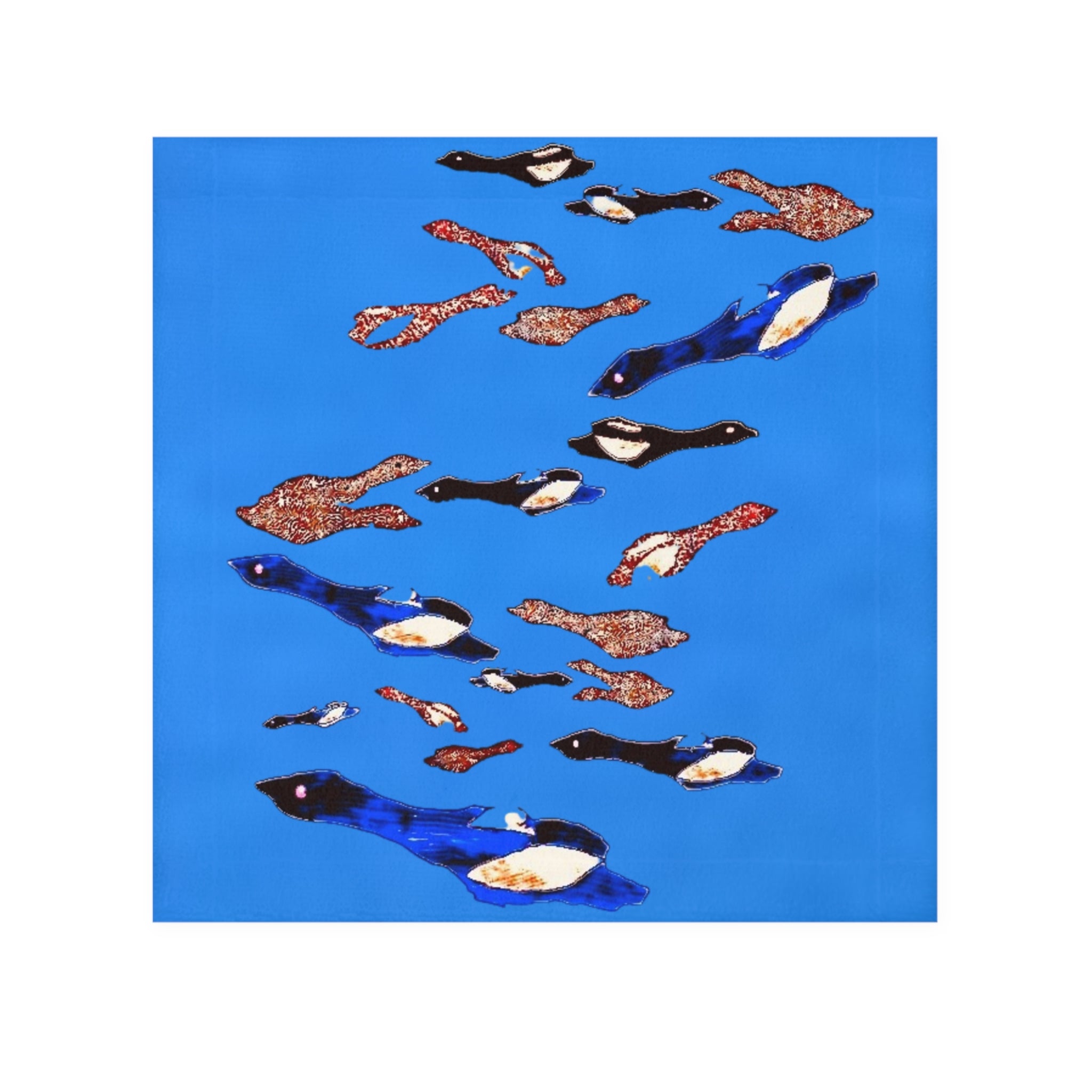 "Fly Me To The Moon" Penguin Swim Face Towel — Colorful School of Penguins on Bright Blue