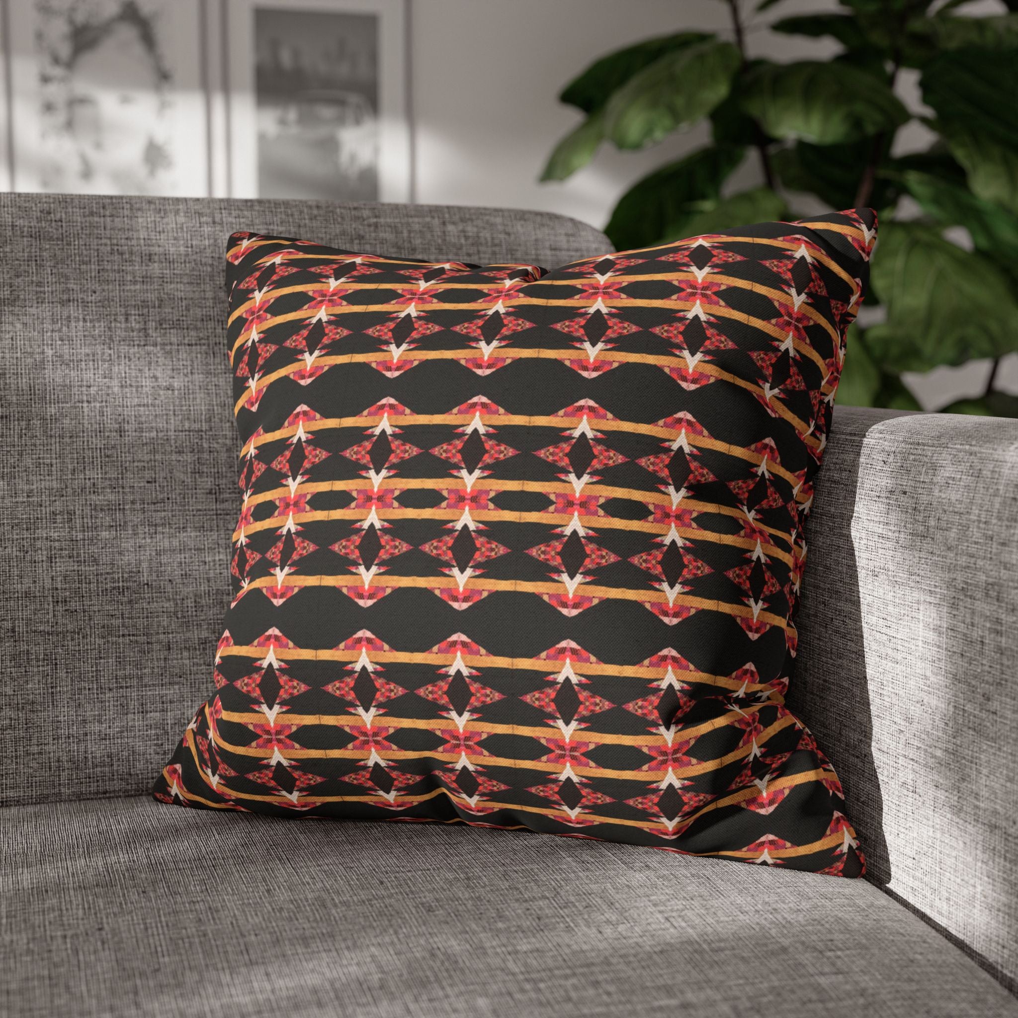 "Native America Now" Geometric Tribal Pattern Pillowcase — Black & Warm Red Decorative Throw Pillow