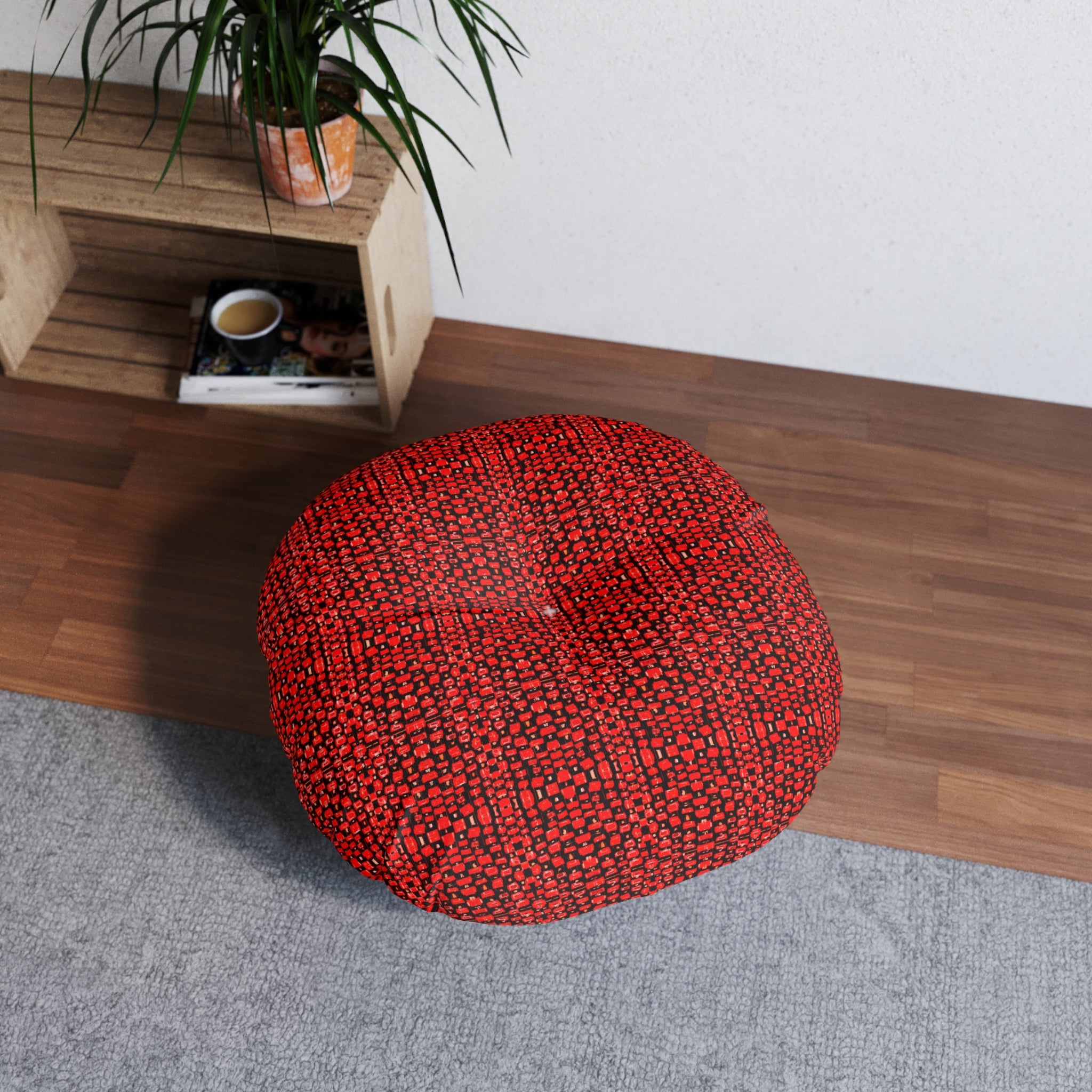 "Japanese Cherry Blossom" Red Woven Round Tufted Floor Pillow — Cozy Boho Accent Cushion