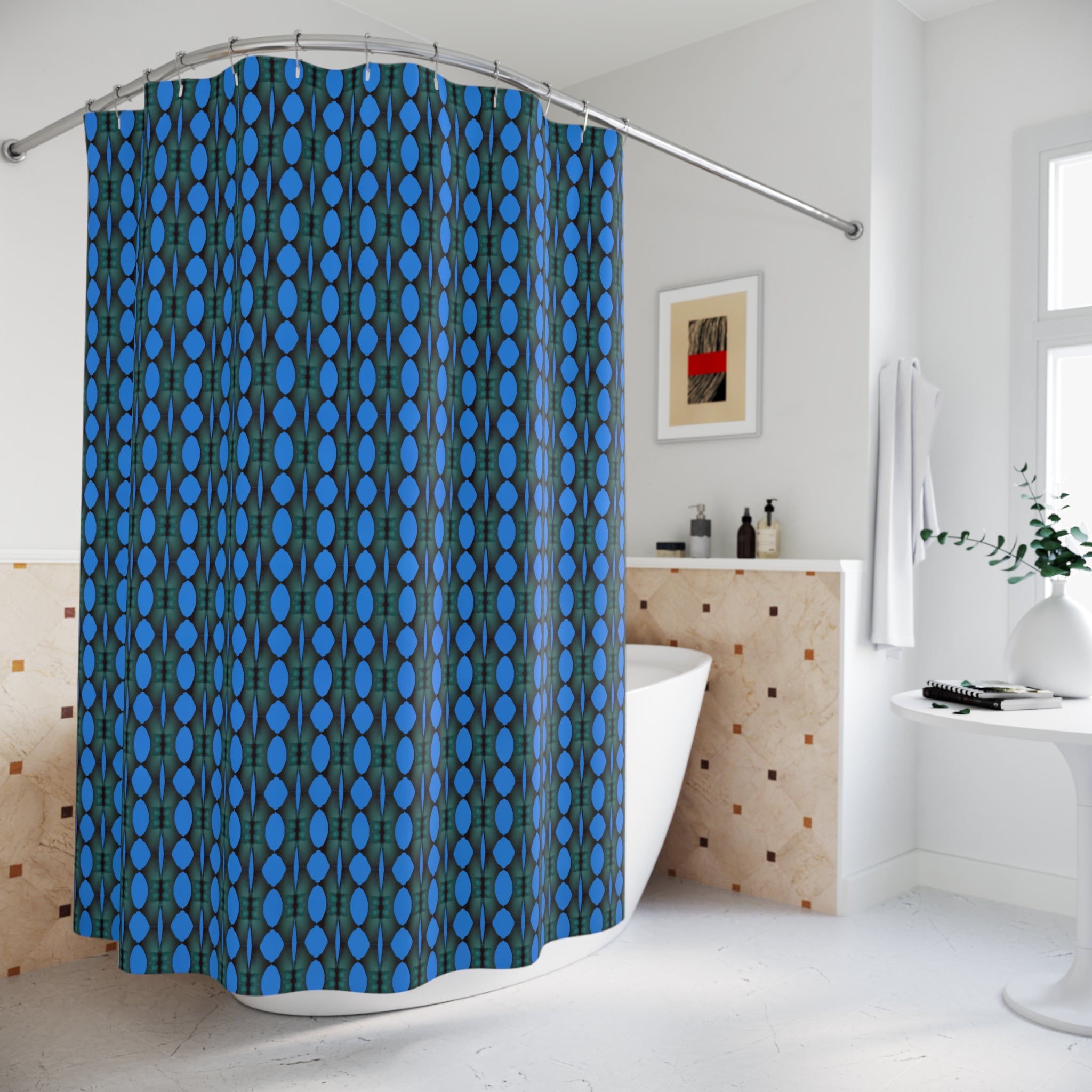 "Where Are We Going?" Blue Retro Dot Pattern Shower Curtain — Midcentury Modern Geometric Bathroom Decor