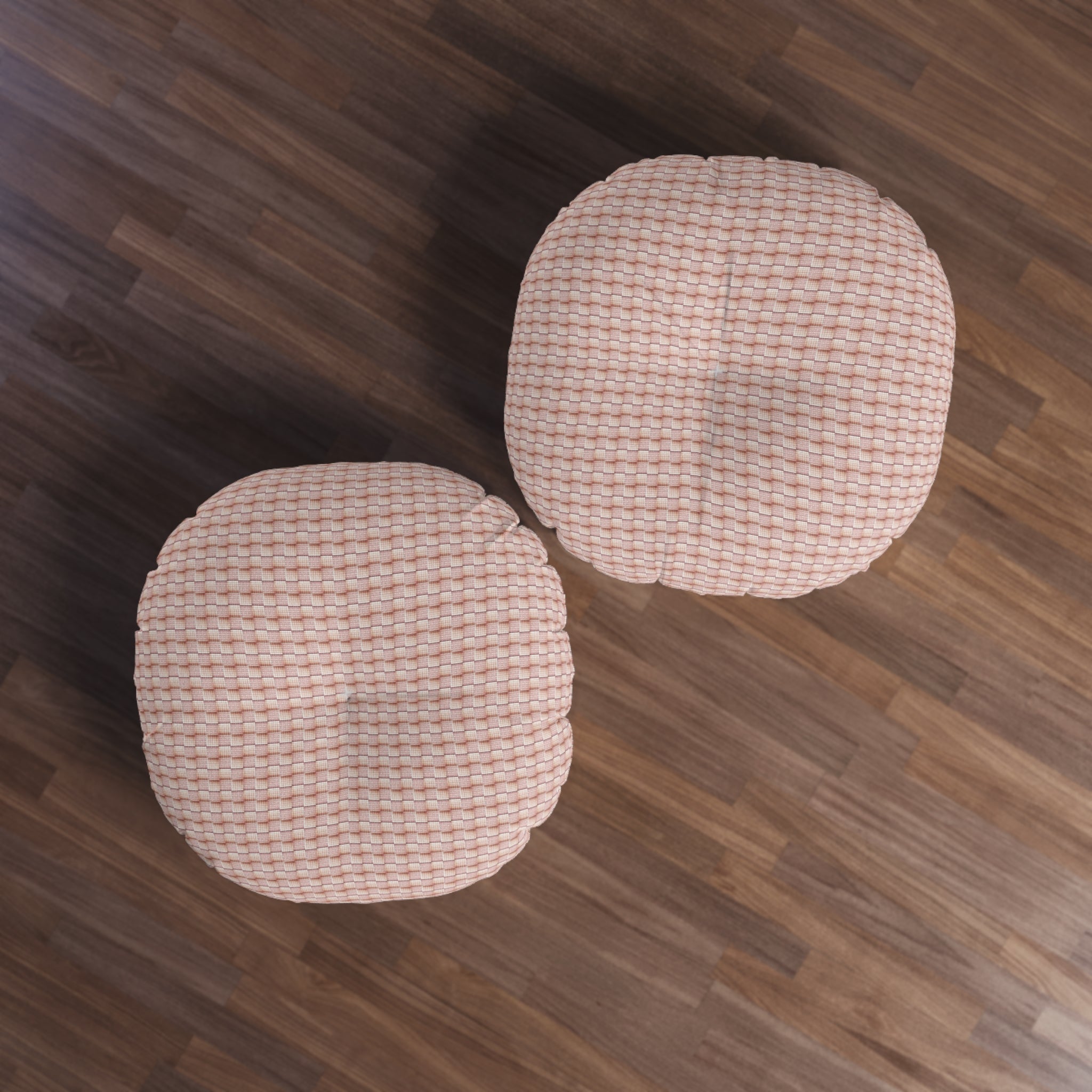 "Grandma Rose" Round Tufted Floor Pillow — Pink Blush Knit Texture Checkered Textile Accent Cushion