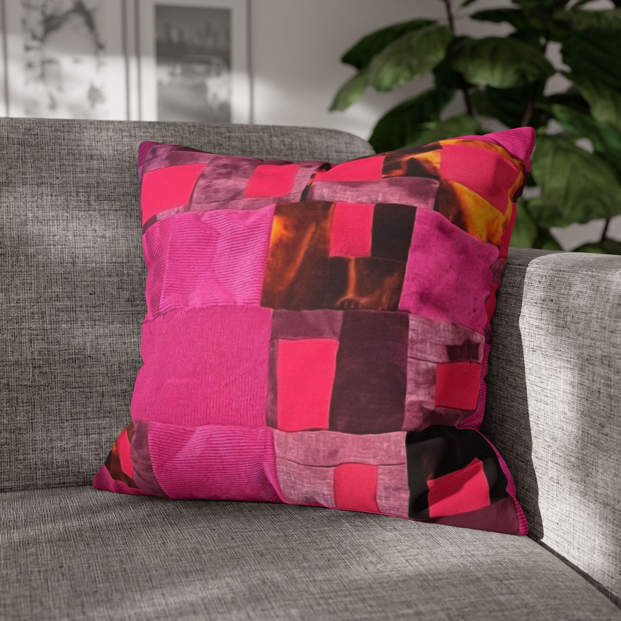 "Lela" Pink Patchwork Decorative Pillow – Vibrant Abstract Throw Pillow for Living Room, Bedroom & Boho Decor