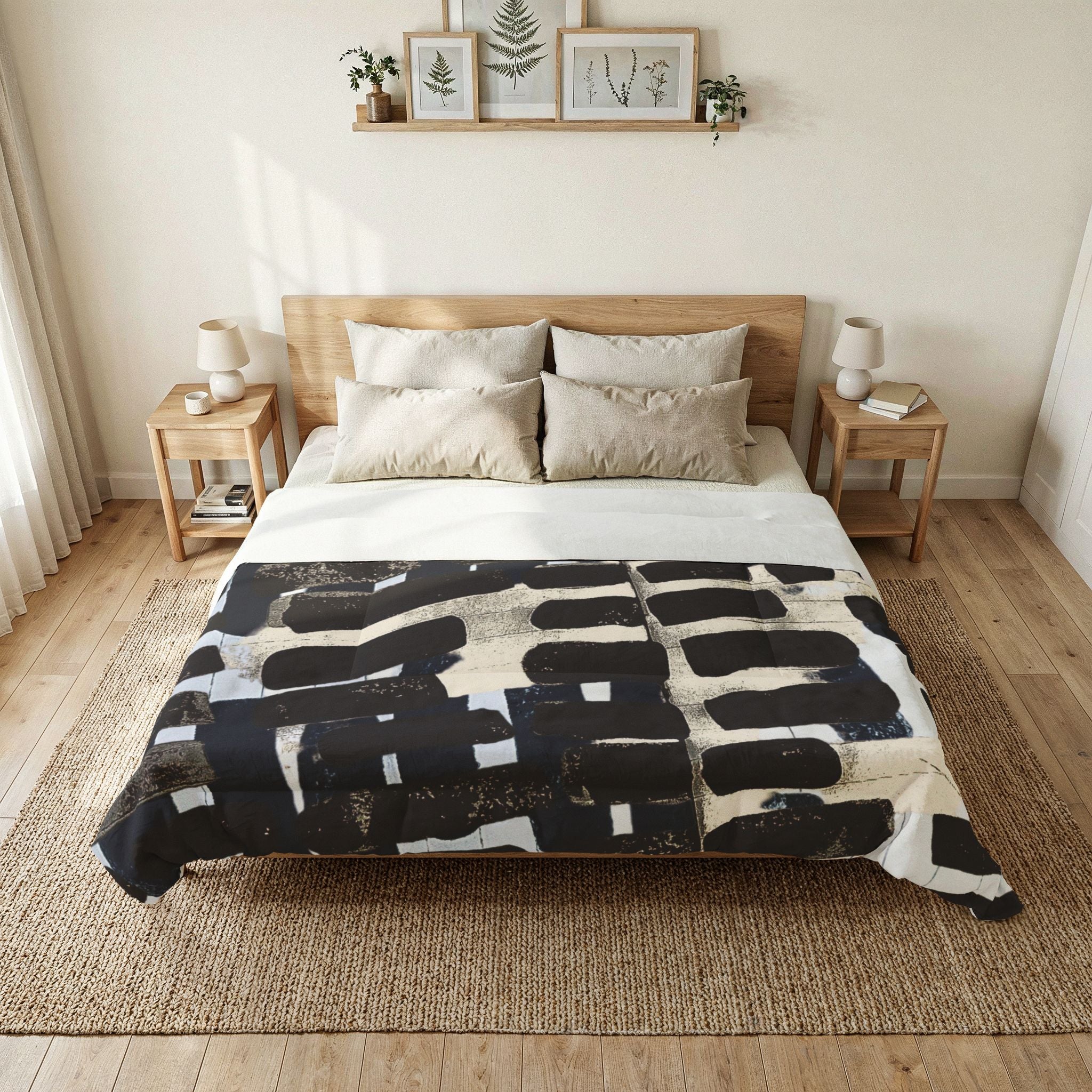 "Only My Notebook Knows How I Feel, My Heart Is On Every Page" Abstract Brushstroke Comforter – Modern Black & White Bedding