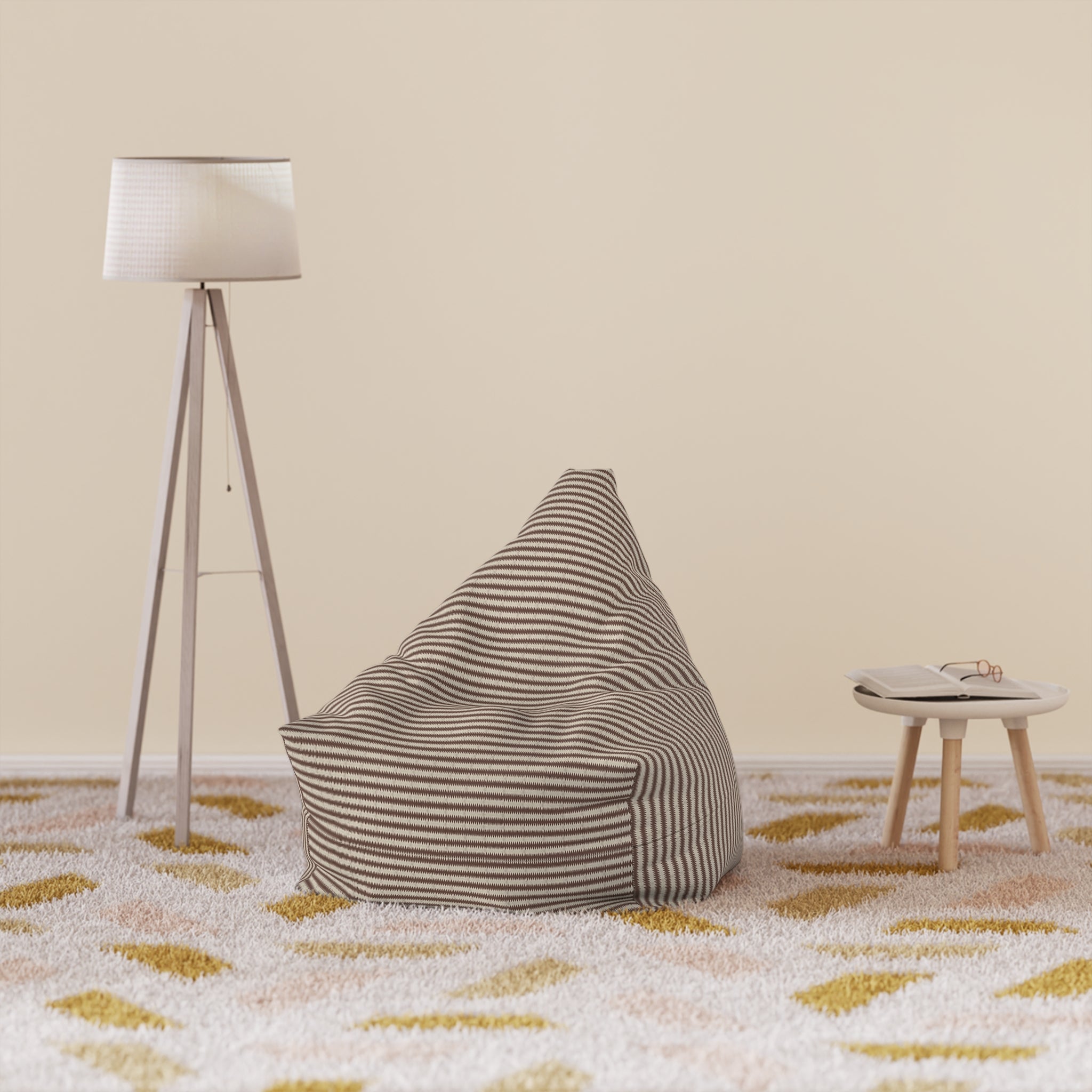 "Mississippi Morning" Burnt Umber Brown, Beige, Zig Zags, Striped Taupe Bean Bag Chair Cover — Modern Cozy Living Room Accent