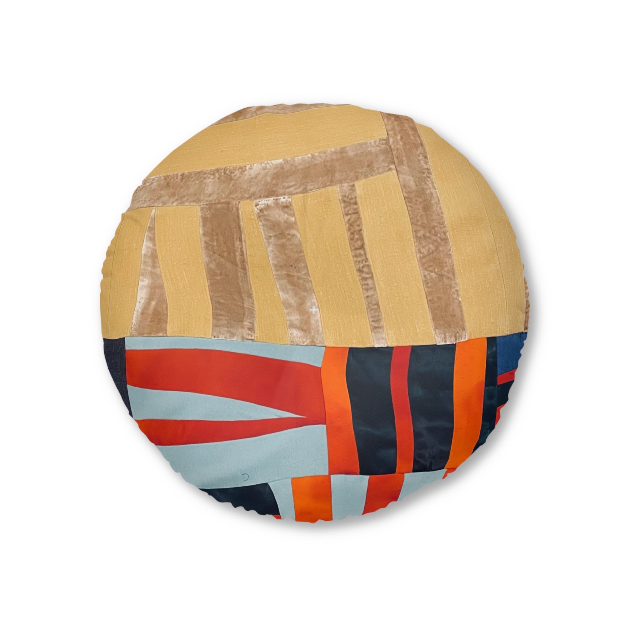 "Hannah and Samuel" Round Tufted Floor Pillow — Retro Geometric Patchwork Cushion