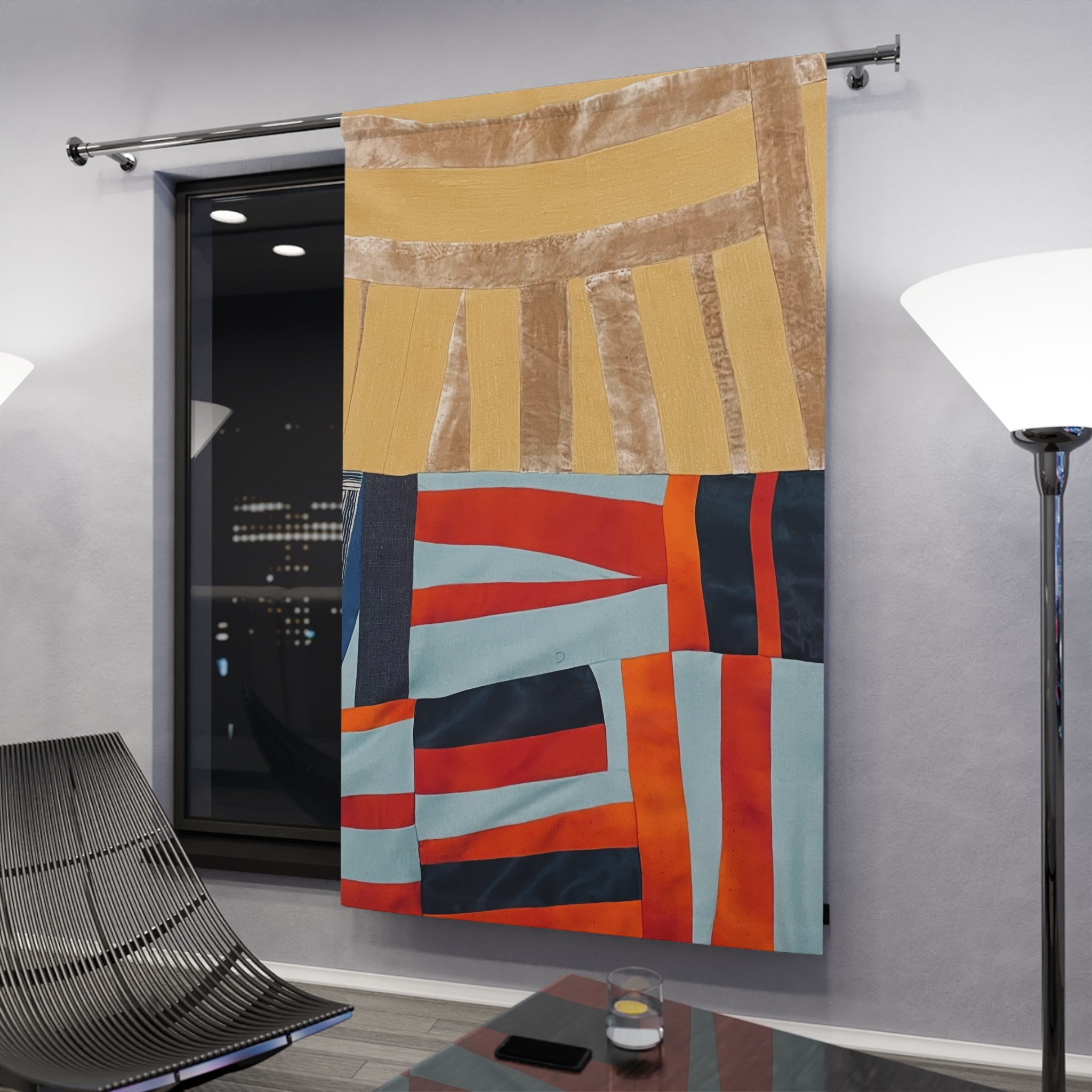 "Hannah and Samuel" Abstract Patchwork Window Curtain — Modern Geometric Panel with Warm Gold, Teal & Coral