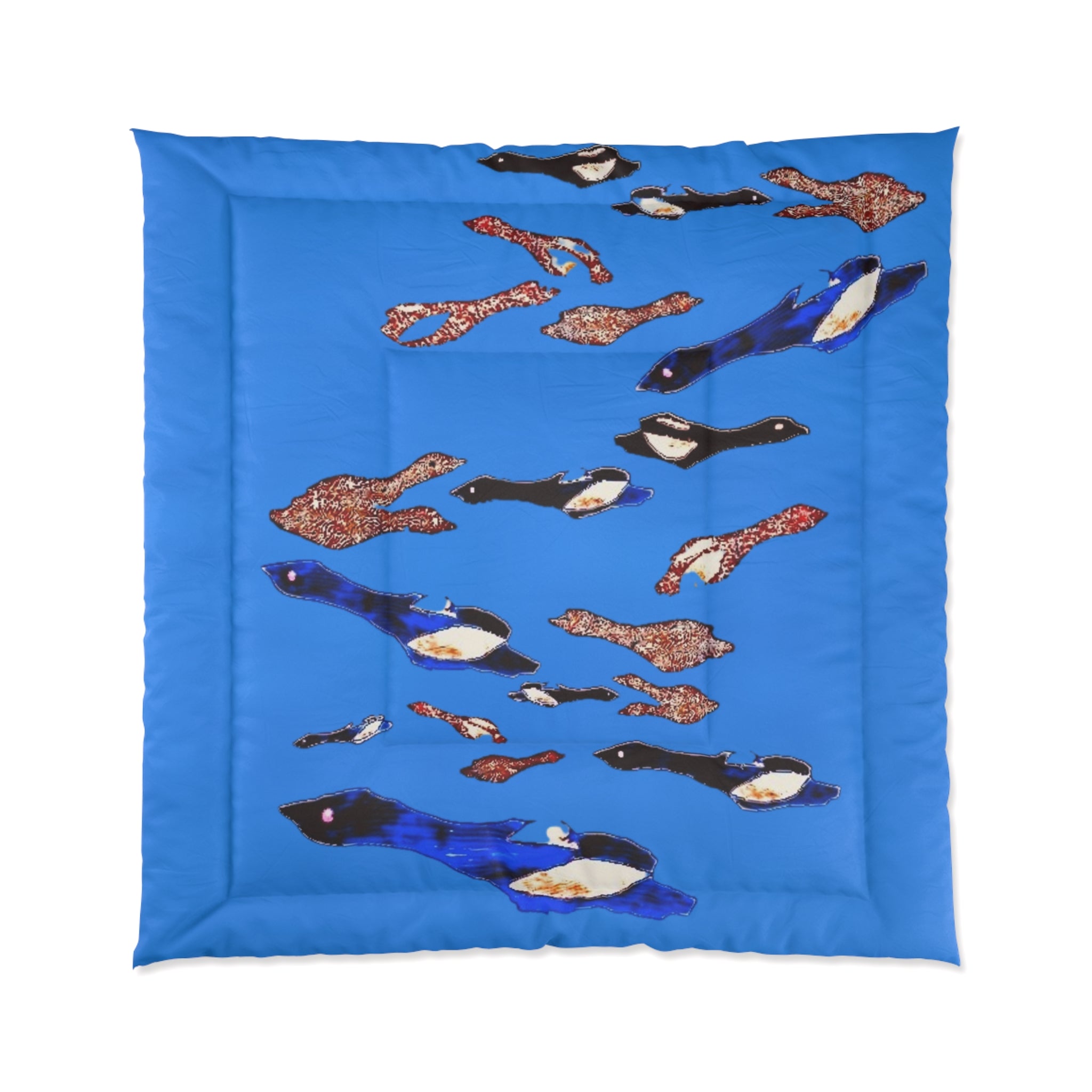 "Fly Me to the Moon" Flock Cerulean Blue Comforter — Playful Arctic Animal Bedding
