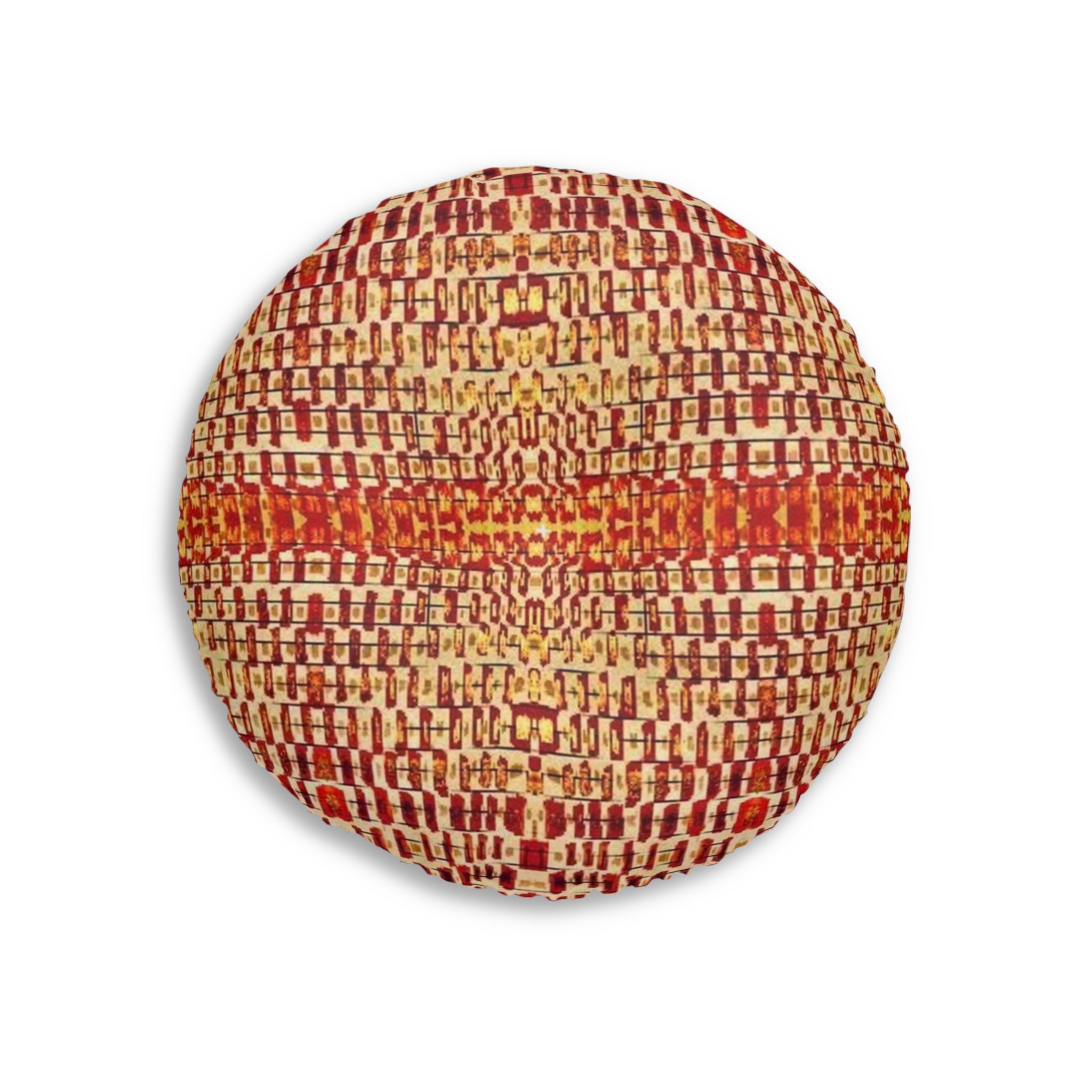 "Queen Mother" Boho Woven Round Tufted Floor Pillow — Rustic Orange Red Accent