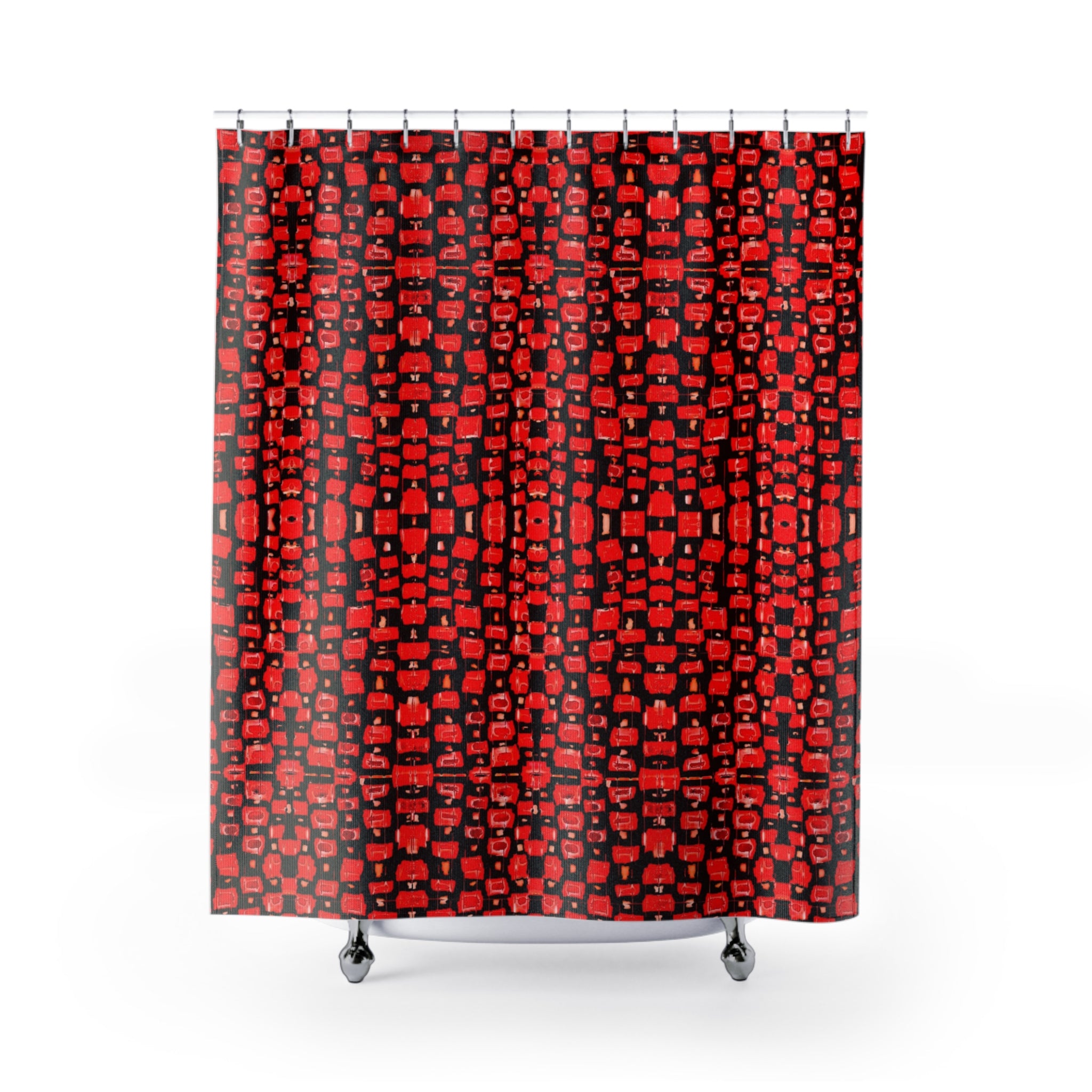 "Japanese Cherry Blossom" Red Geometric Pattern Shower Curtain – Bold Black & Red Bathroom Decor