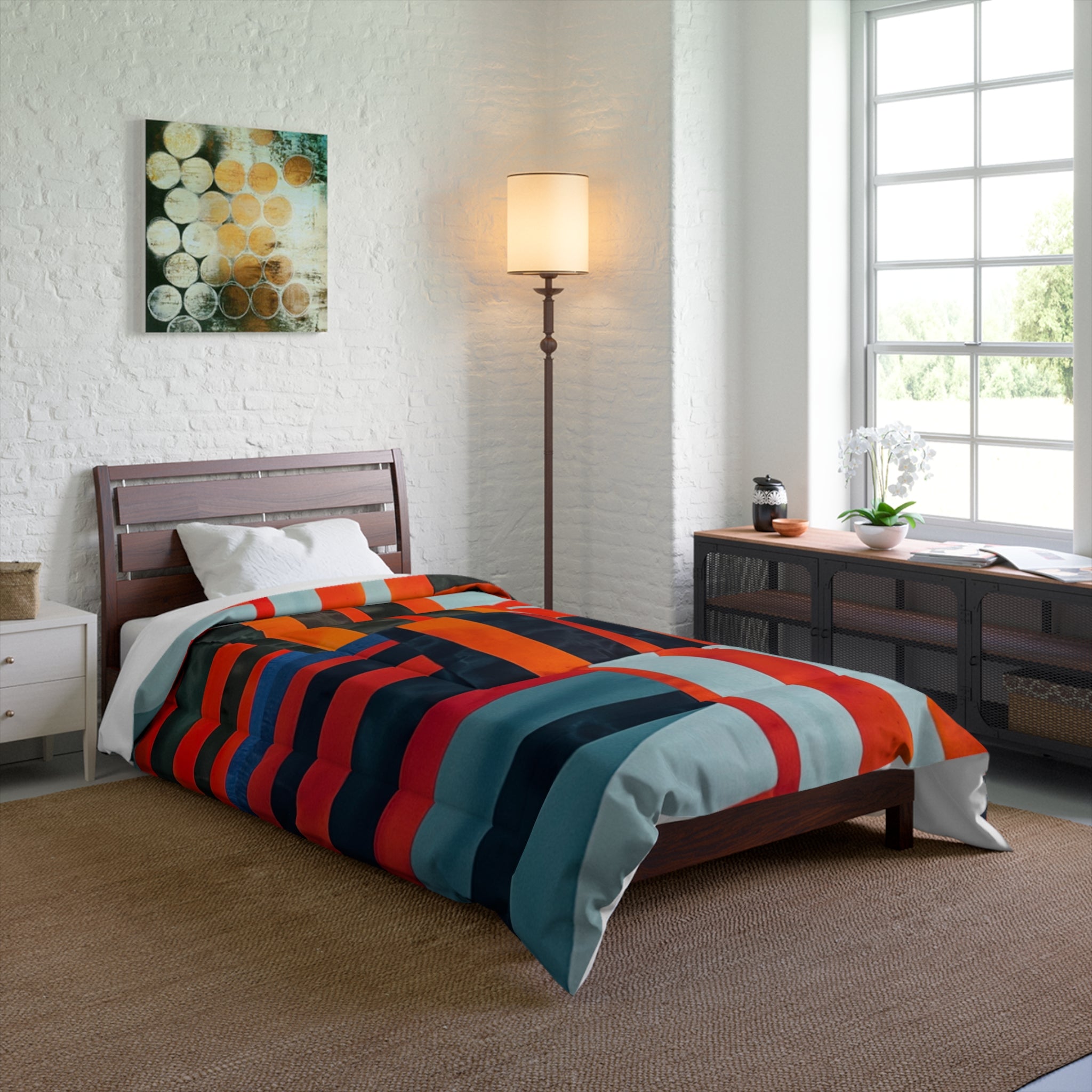 "Samuel" Abstract Geometric Stripe Comforter – Bold Red, Navy & Teal Modern Bedding
