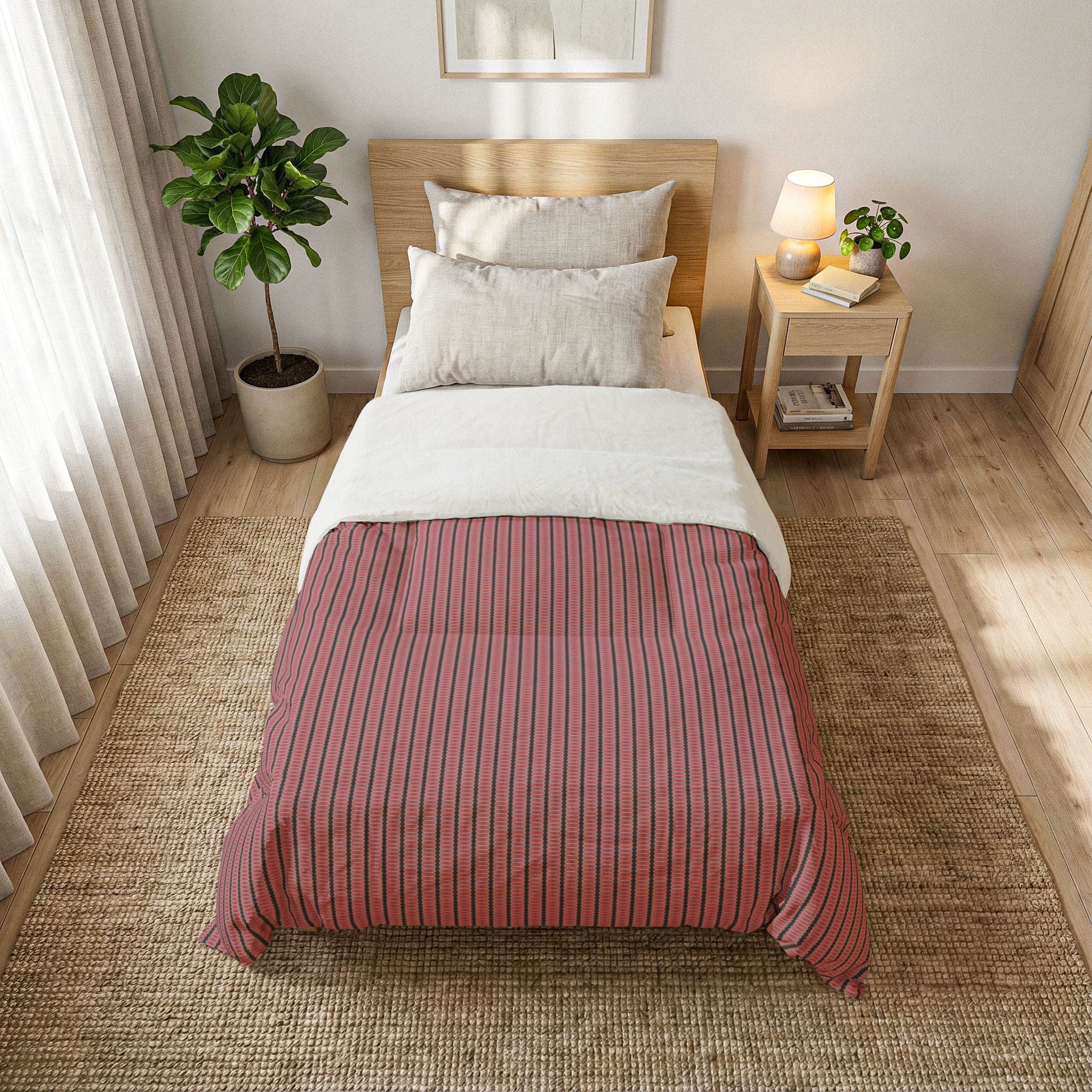 "The Nike of Samothrace" Striped Cotton Comforter — Rose & Charcoal Minimalist Bedding