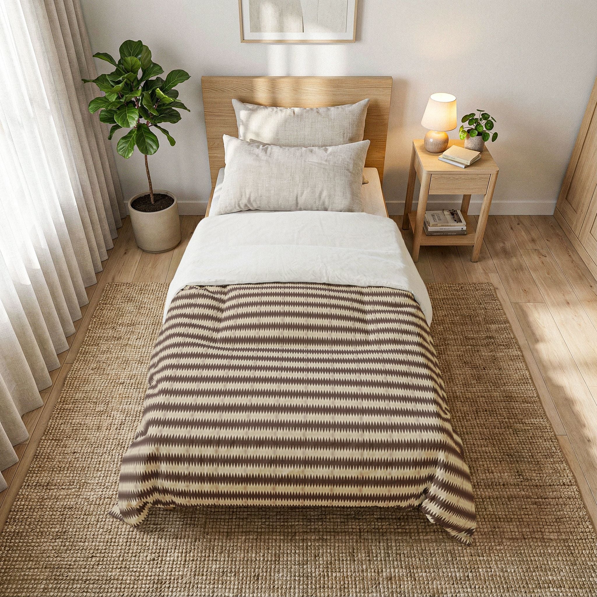 "Mississippi Morning" Striped Cotton Comforter — Neutral Brown Ribbed Bedding