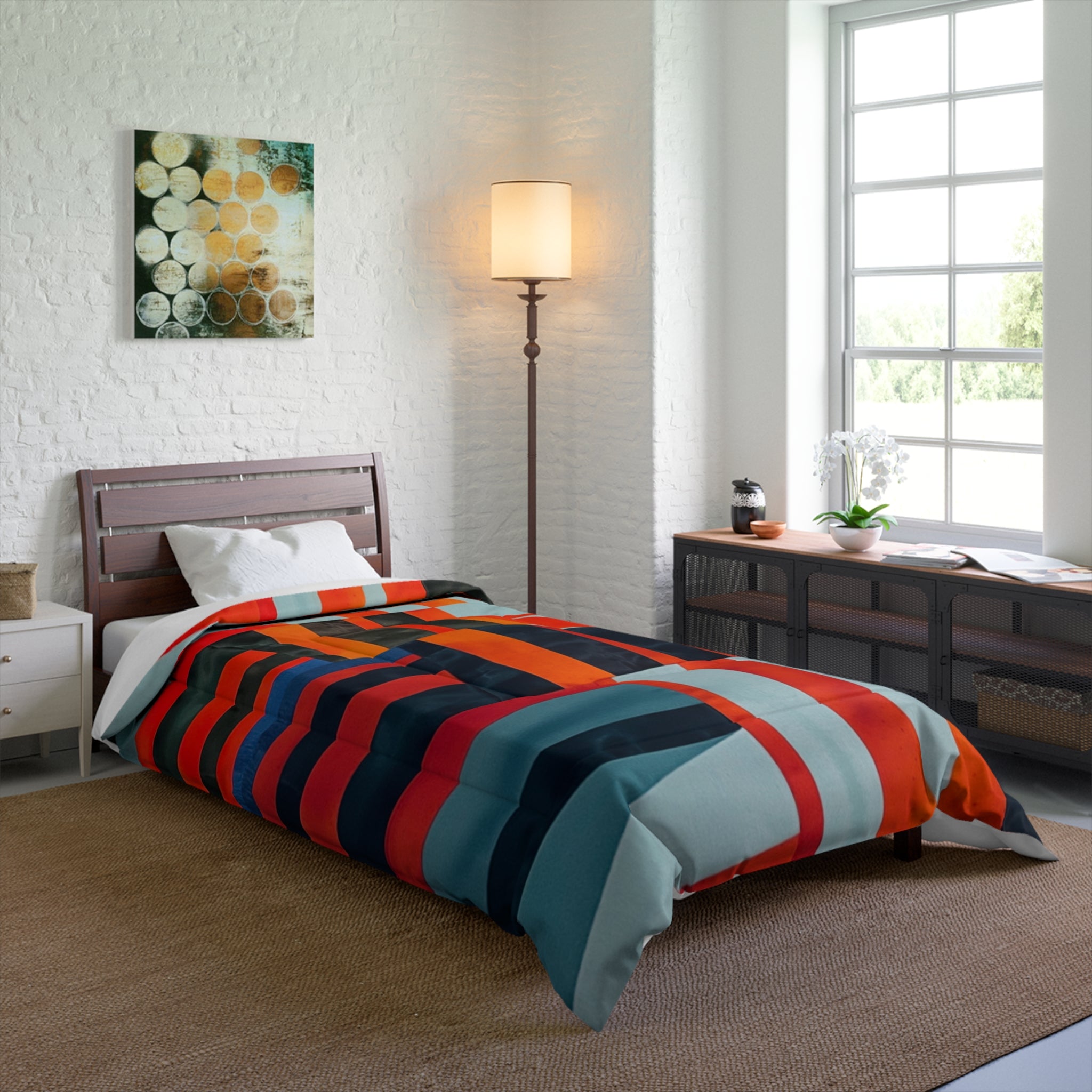 "Samuel" Abstract Geometric Stripe Comforter – Bold Red, Navy & Teal Modern Bedding