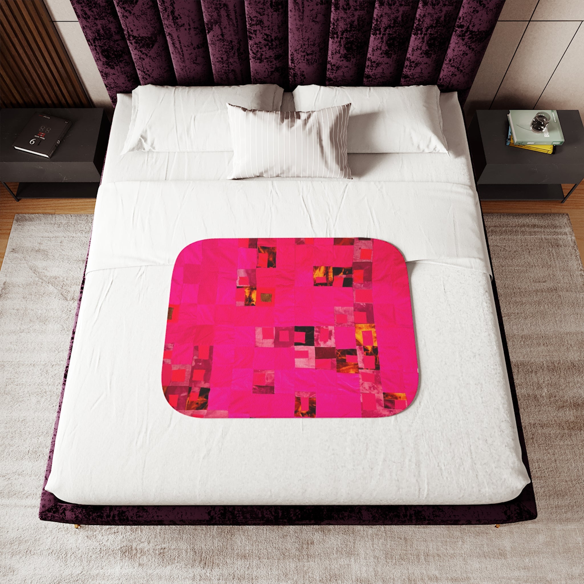"Lela Lela" Hot Pink Abstract Patchwork Sherpa Blanket - Cozy Throw for Living Room & Gifts