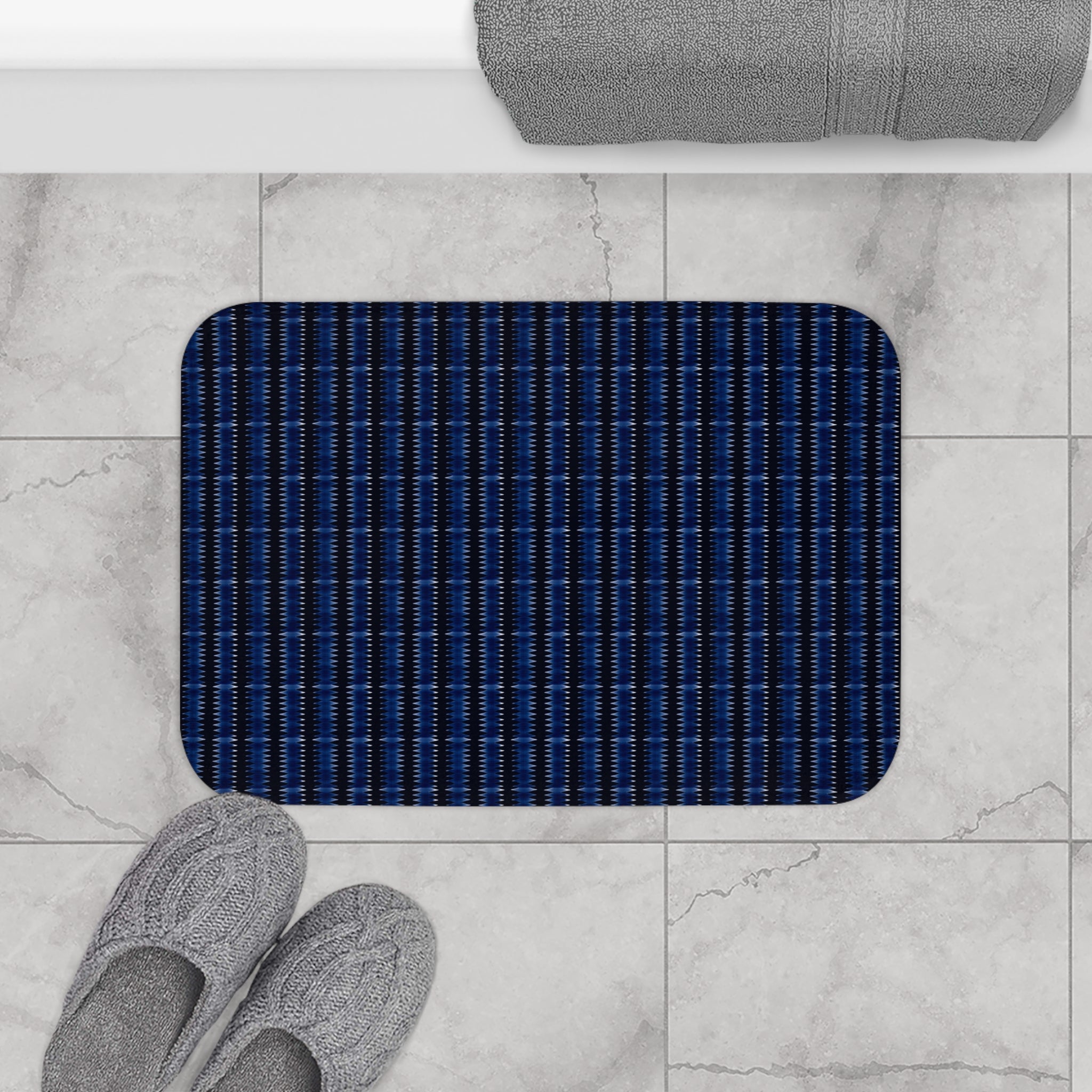 "Mississippi Midnight: Lovely Banjo Blues" Navy Blue Textured Stripe Bath Mat – Non‑Slip Bathroom Rug