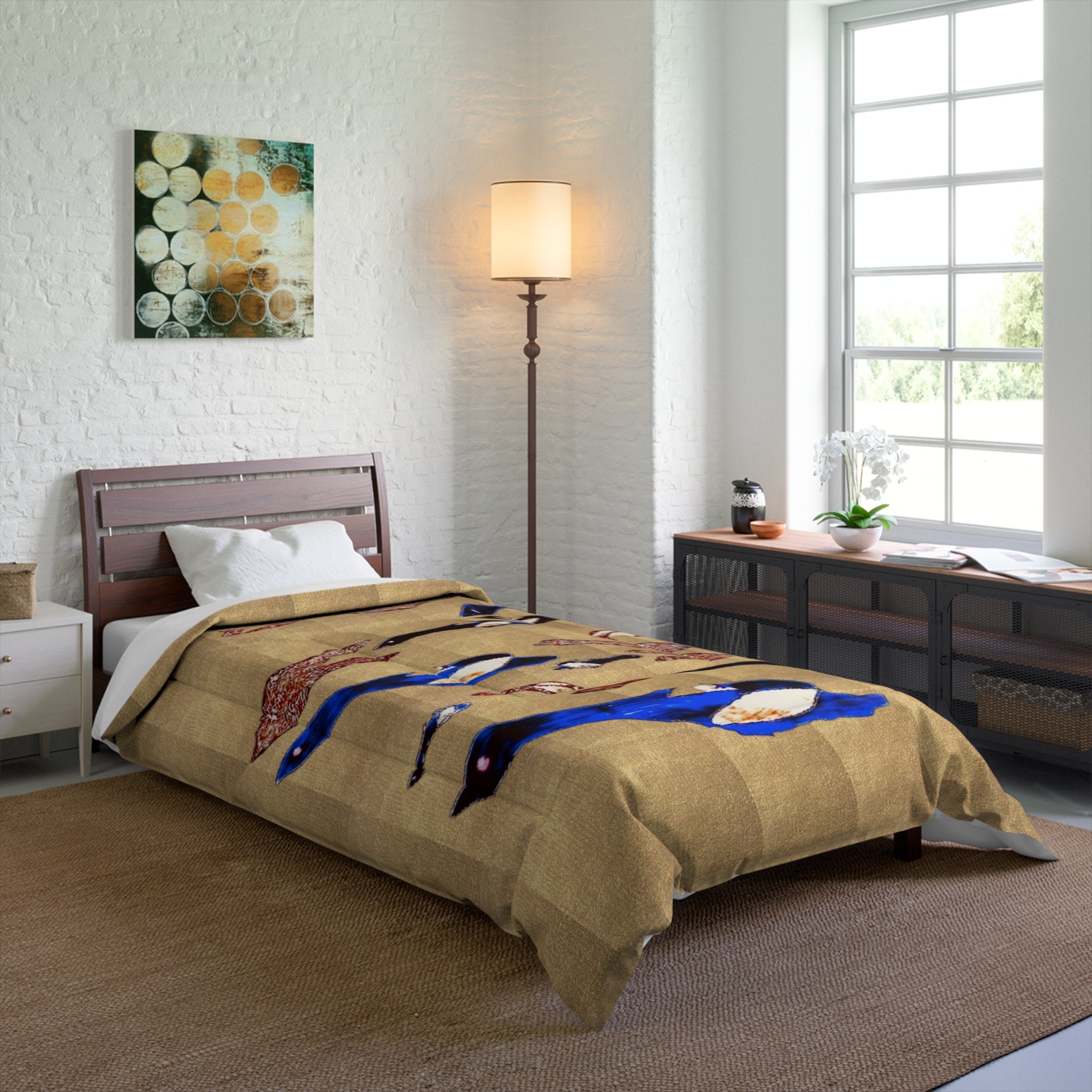 "Fly Me to the Moon" Bird Comforter – Beige Asian-Inspired Bedspread with Blue & Red Carp Pattern