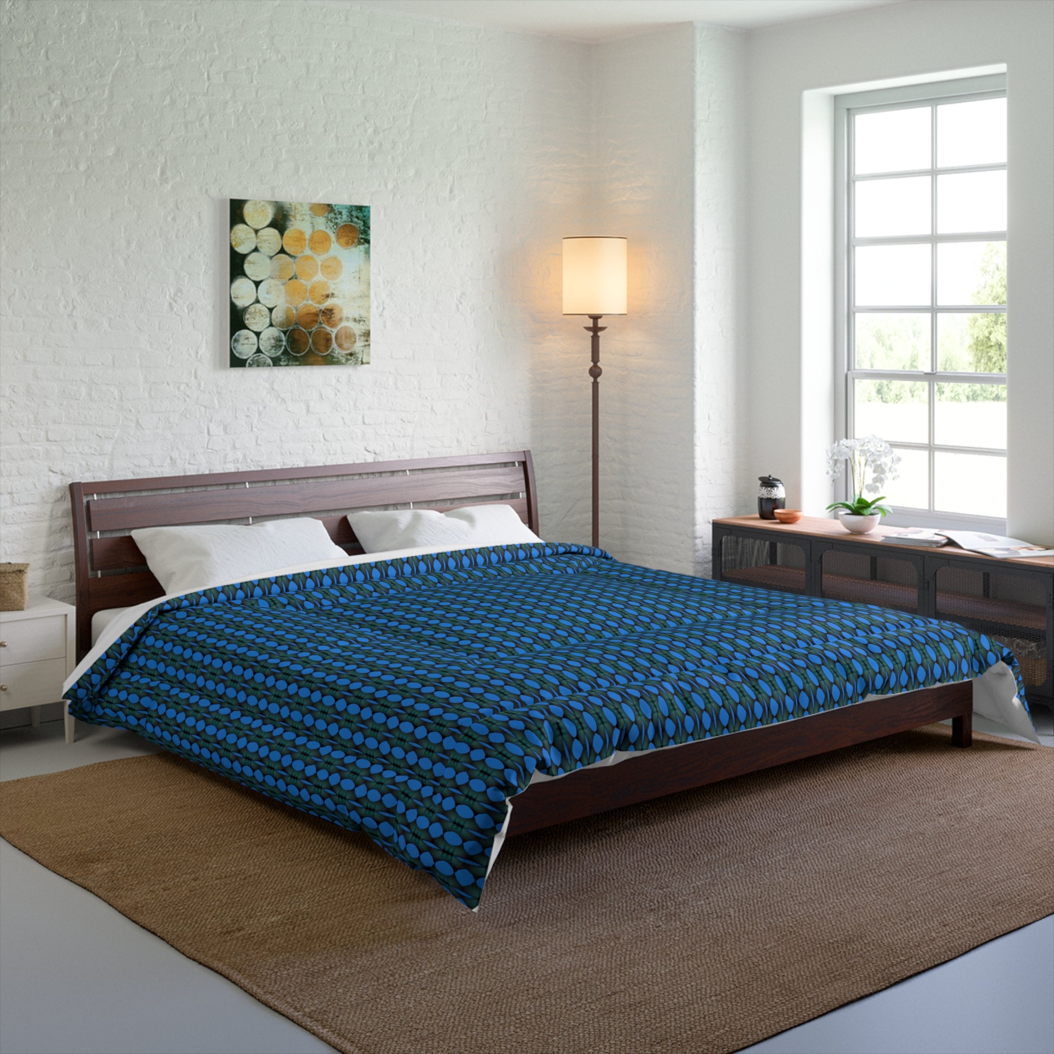 "Where Are We Going?" Blue Geometric Comforter — Modern Dot Pattern Bedding for Teen & Adult Bedrooms