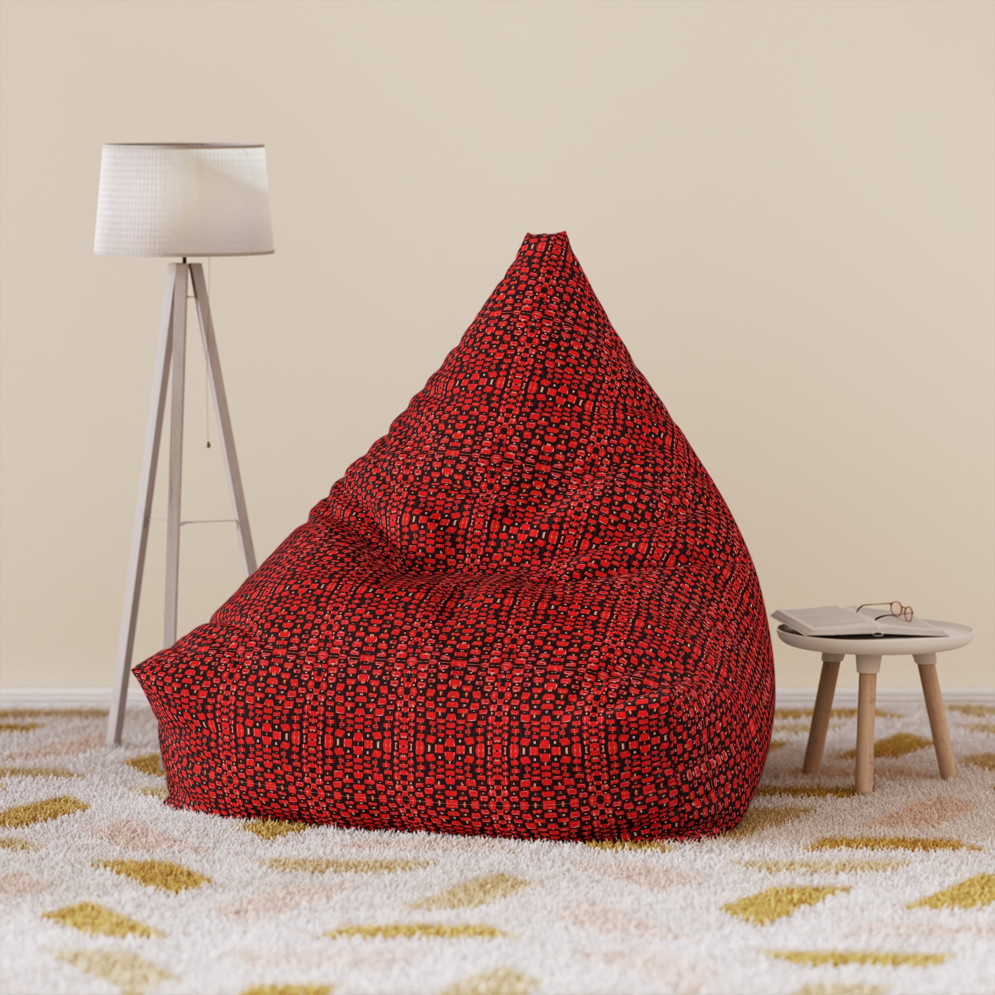 "Japanese Cherry Blossom" Red Textured Knit Bean Bag Cover — Cozy Modern Accent for Living Rooms & Kids’ Rooms