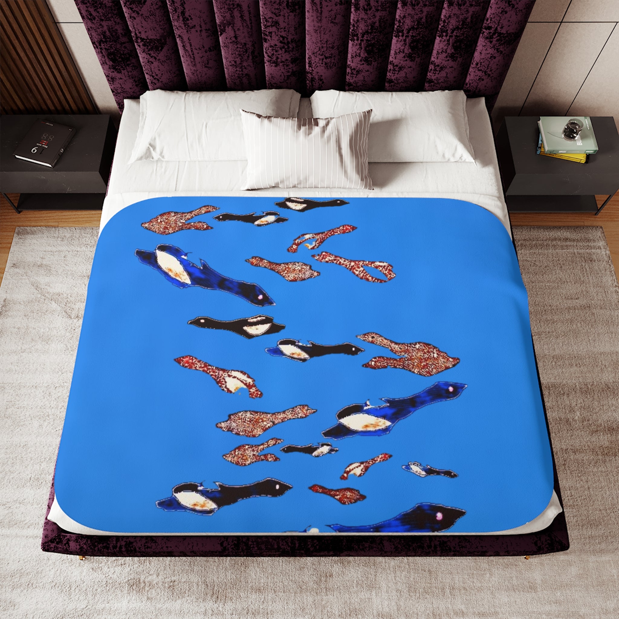 "Fly Me to the Moon" Birdies Parade Sherpa Blanket — Cozy Blue Animal Print Throw