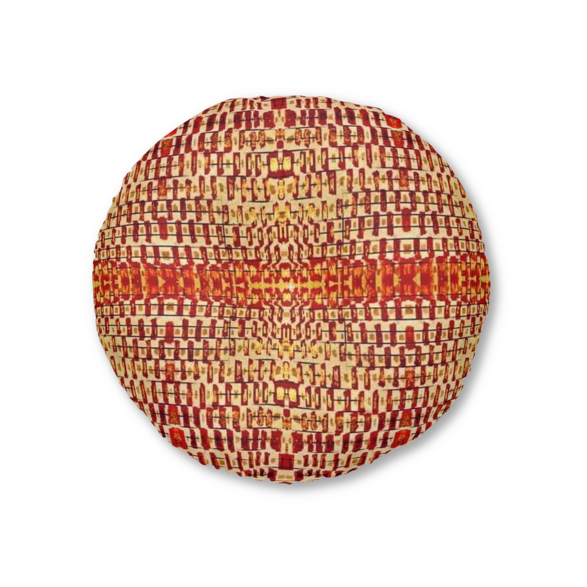 "Queen Mother" Boho Woven Round Tufted Floor Pillow — Rustic Orange Red Accent