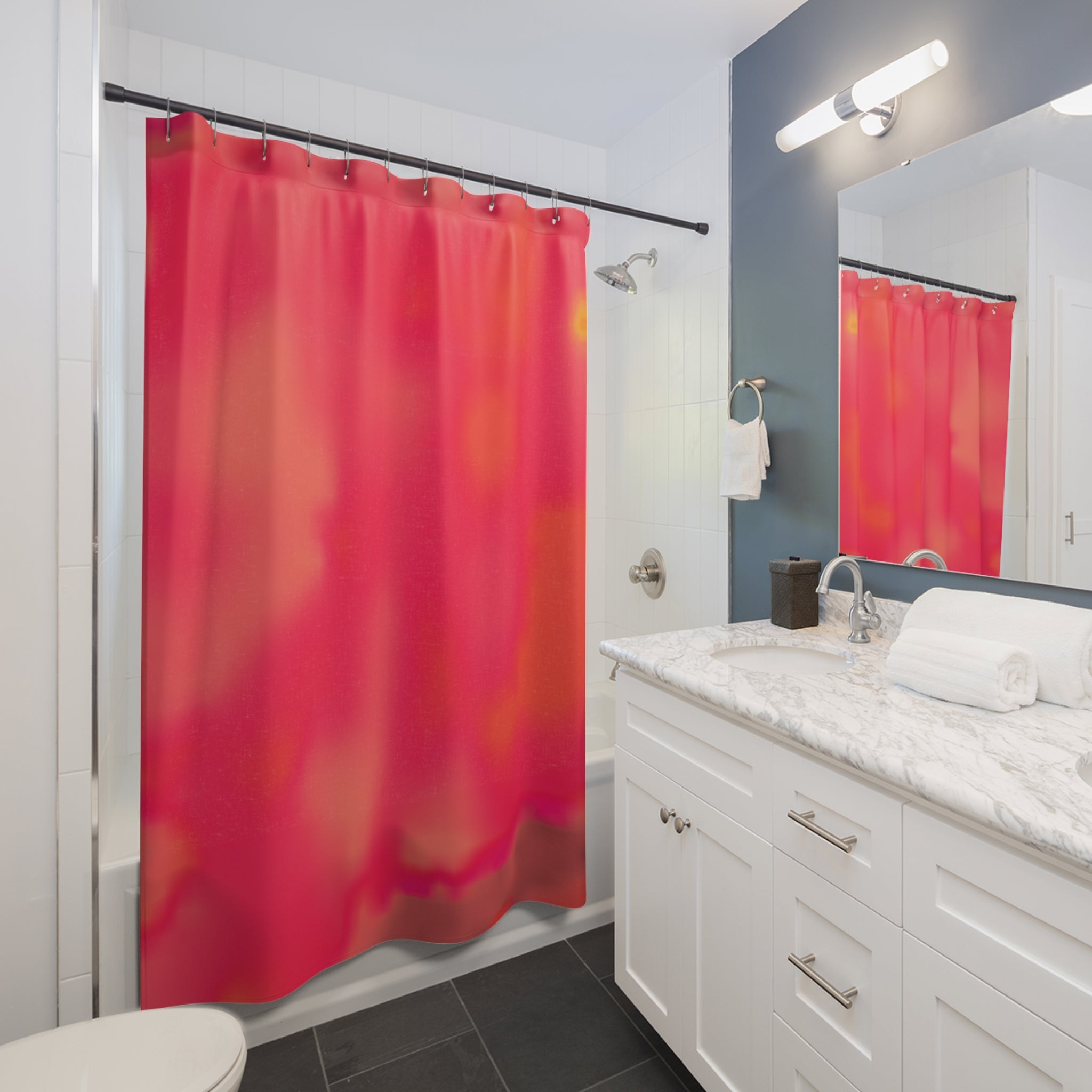 "The Skies Will Break For You, My Friend" Red Coral Gradient Shower Curtain — Abstract Warm Tones Bathroom Décor