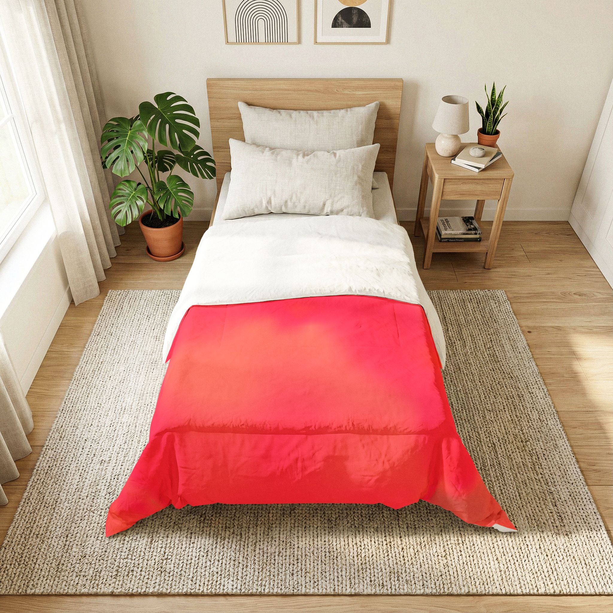 "The Skies Will Break For You, My Friend" Cotton Comforter — Coral Ombre Cotton Comforter (Bright Red to Peach Gradient)