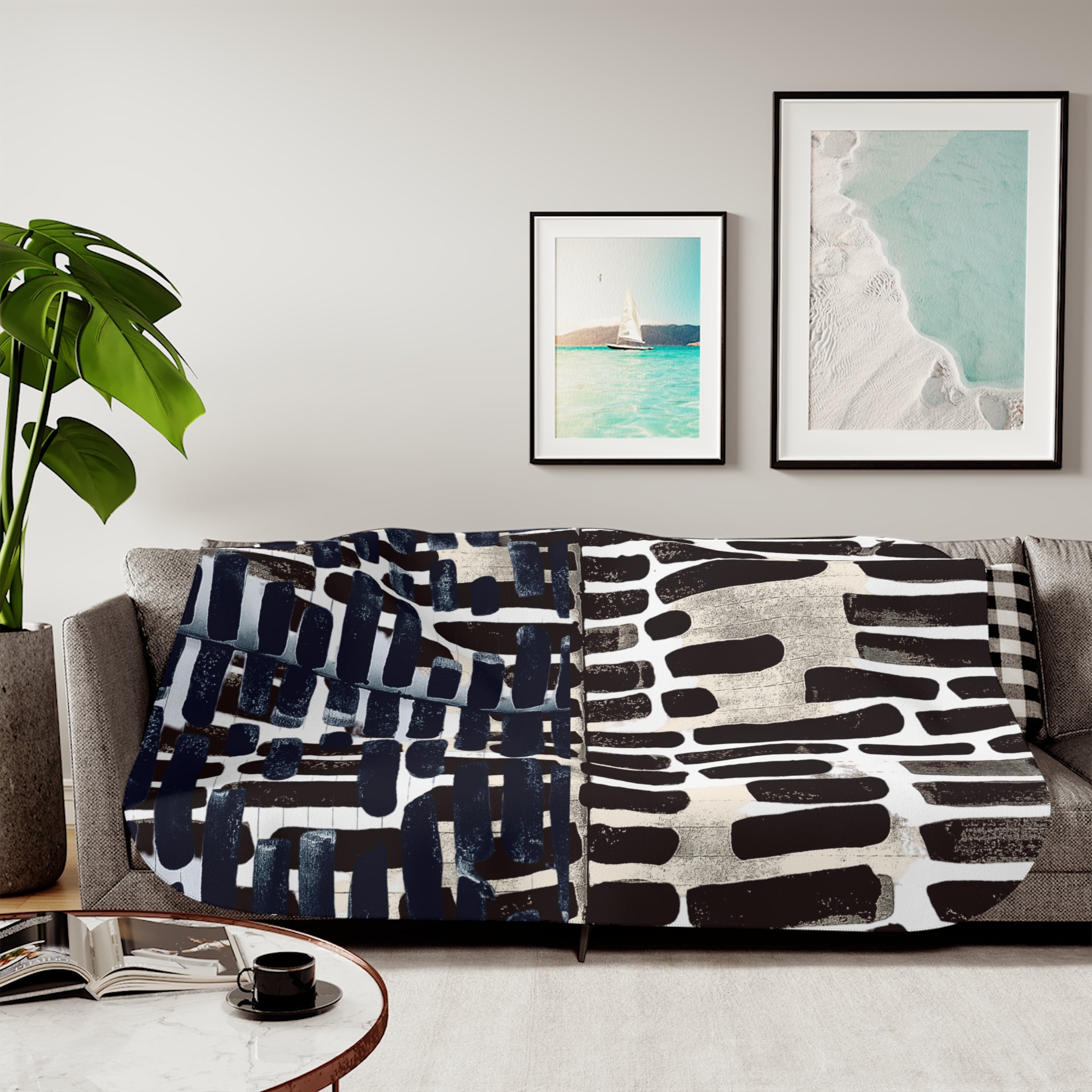 "Only My Notebook Knows How I Feel, My Heart Is On Every Page" Abstract Brushstroke Sherpa Blanket — Reversible Neutral Navy & Cream Cozy Throw